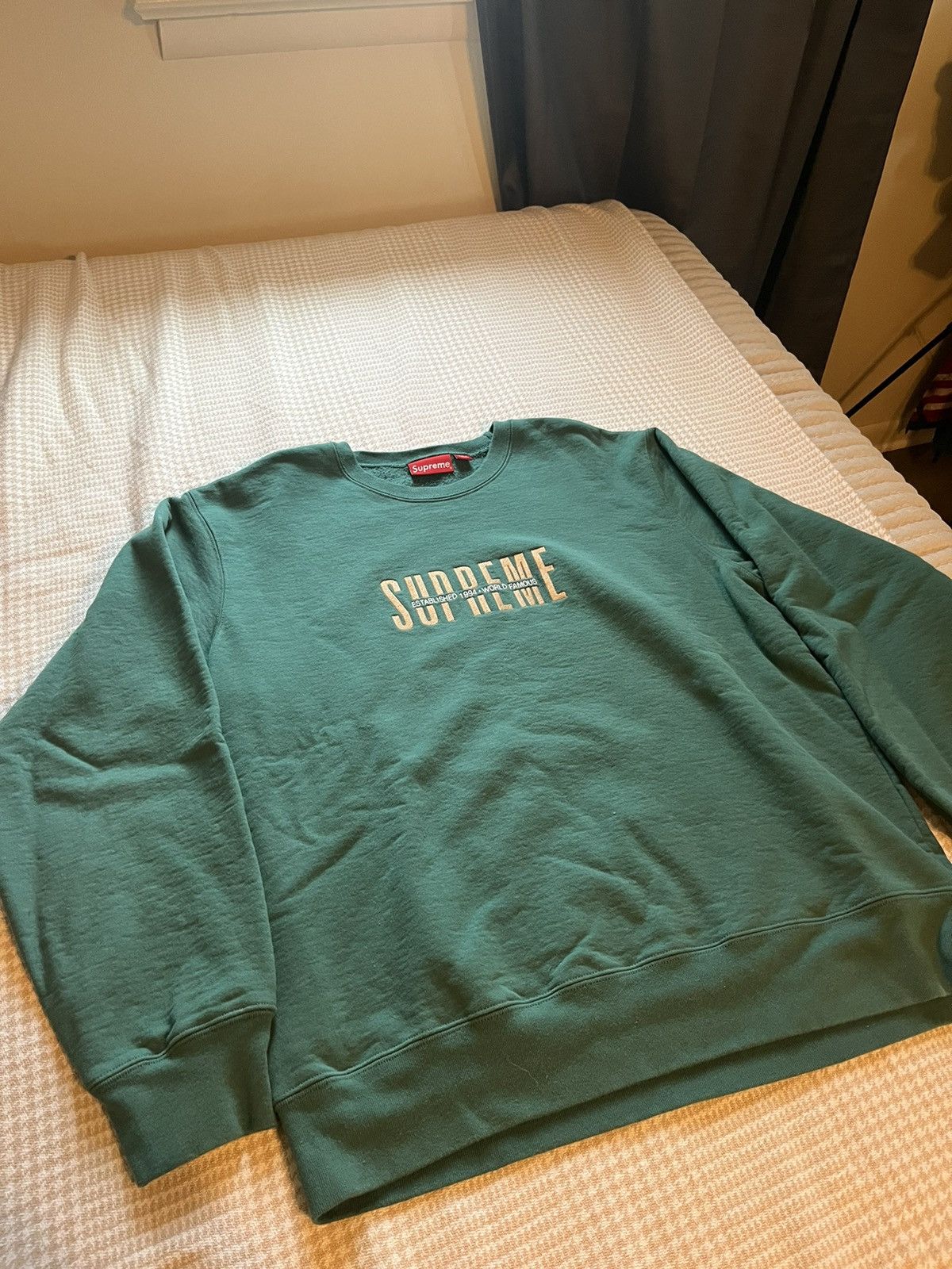 Image of Supreme “World Famous” Crew Neck Sweatshirt in Teal, Men's (Size XL)