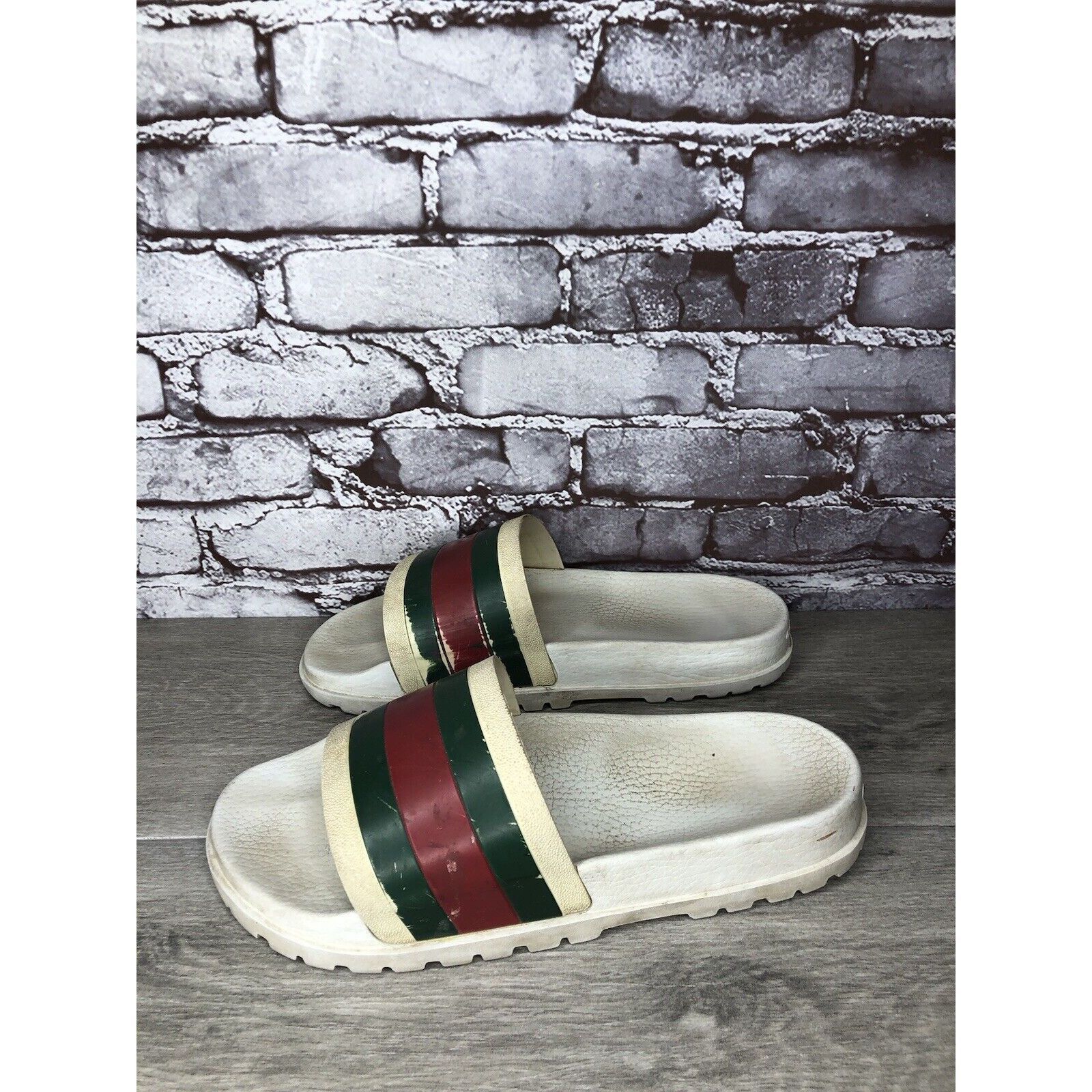 GUCCI Web White Rubber Logo Casual Slides Designer Sandals M