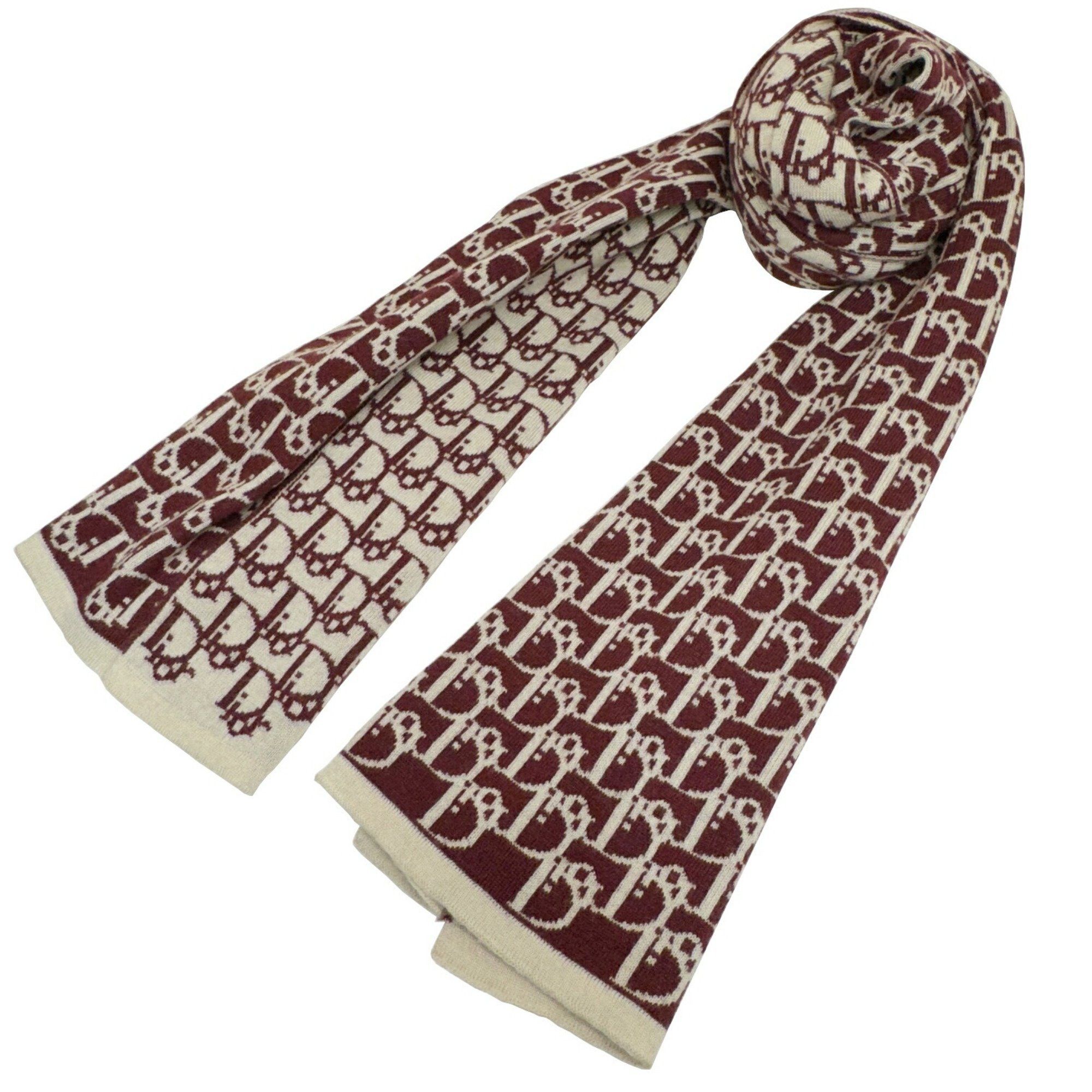image of Chrisitian Dior Christian Dior Muffler Trotter Pattern Wine Red Bordeaux Ivory Reversible 100% Wool