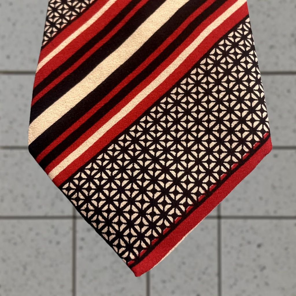 Vintage VINTAGE 60s Poly Silk Neck Tie Repp Deco Check Red White Black Stripe 3.5x52 Size ONE SIZE - 1 Thumbnail