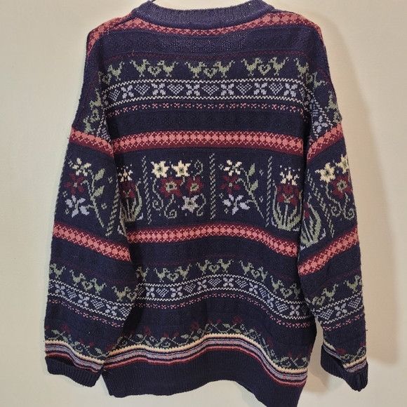 Conte of Florence Conte Of Florence Navy Pink Floral 100% Wool `Cardigan - L Size L / US 10 / IT 46 - 3 Thumbnail