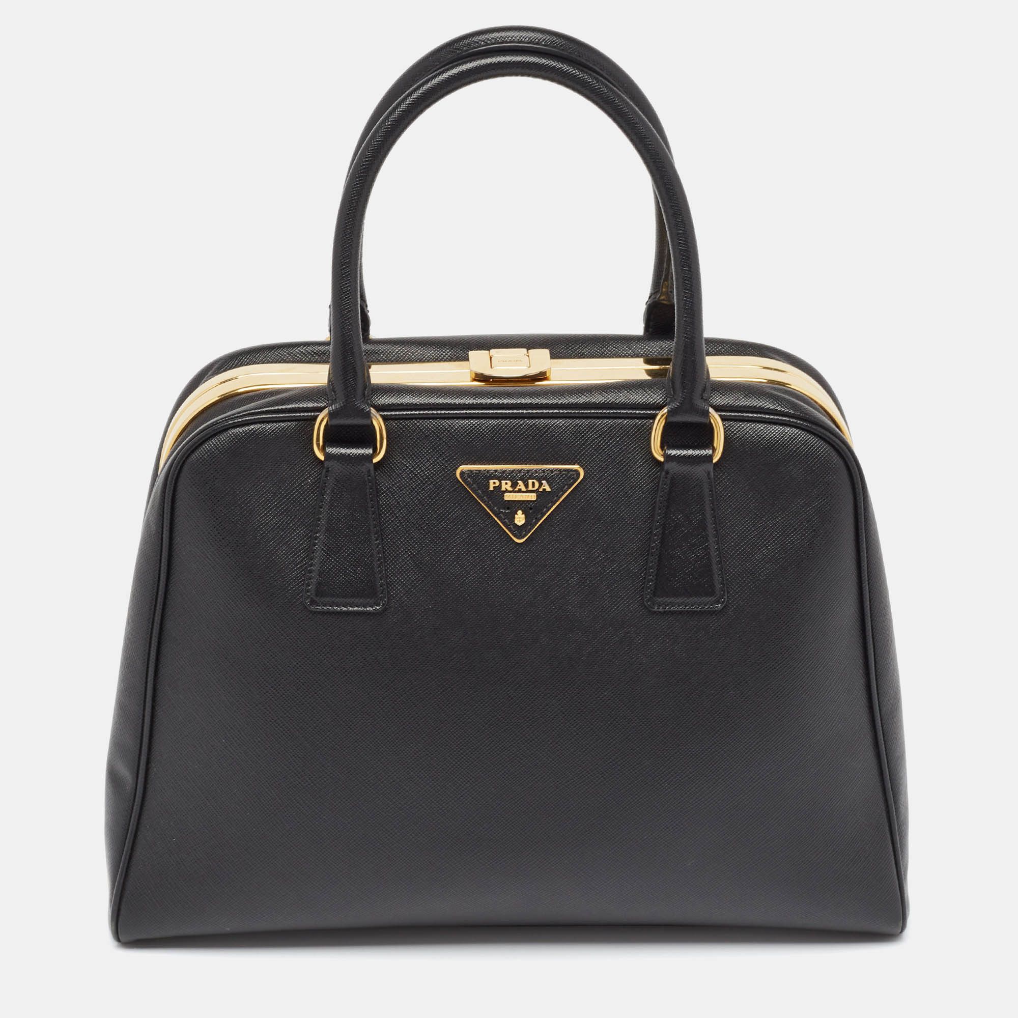 image of Prada Black Saffiano Lux Leather Pyramid Frame Satchel, Women's