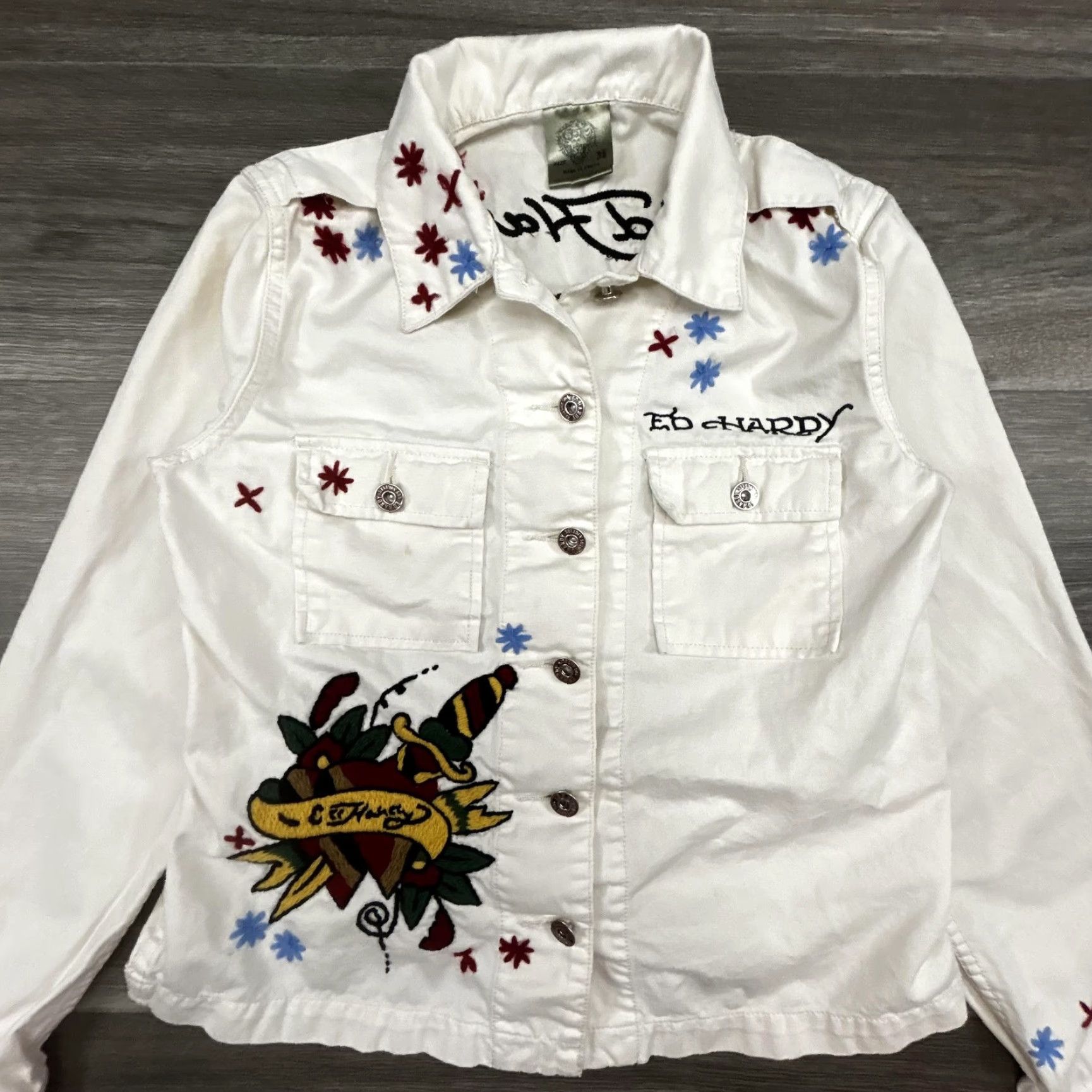 Ed Hardy VINTAGE Ed Hardy Jacket Womens M White Embroidered Tattoo Rose Graphic Denim Y2K Spring Short Sleeve? Size M / US 6-8 / IT 42-44 - 5 Thumbnail