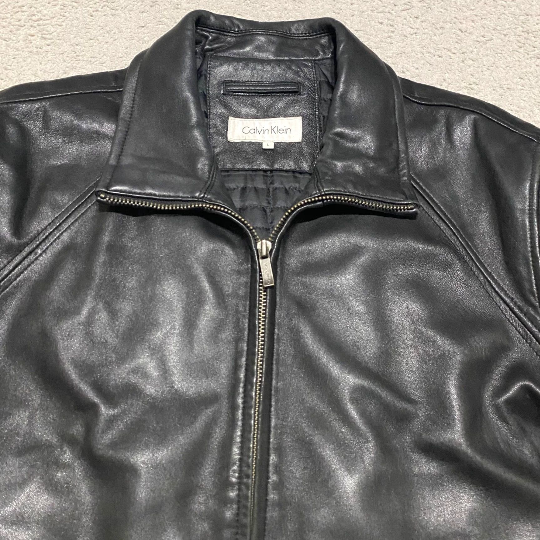 Calvin Klein Calvin Klein Mens Large Jacket Black Leather Full Zip Lined Motorcycle Jacket CK Size US L / EU 52-54 / 3 - 6 Thumbnail