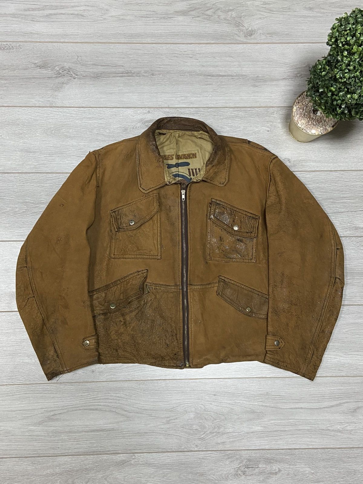 Chevignon vintage leather worn distressed leather jacket fly
