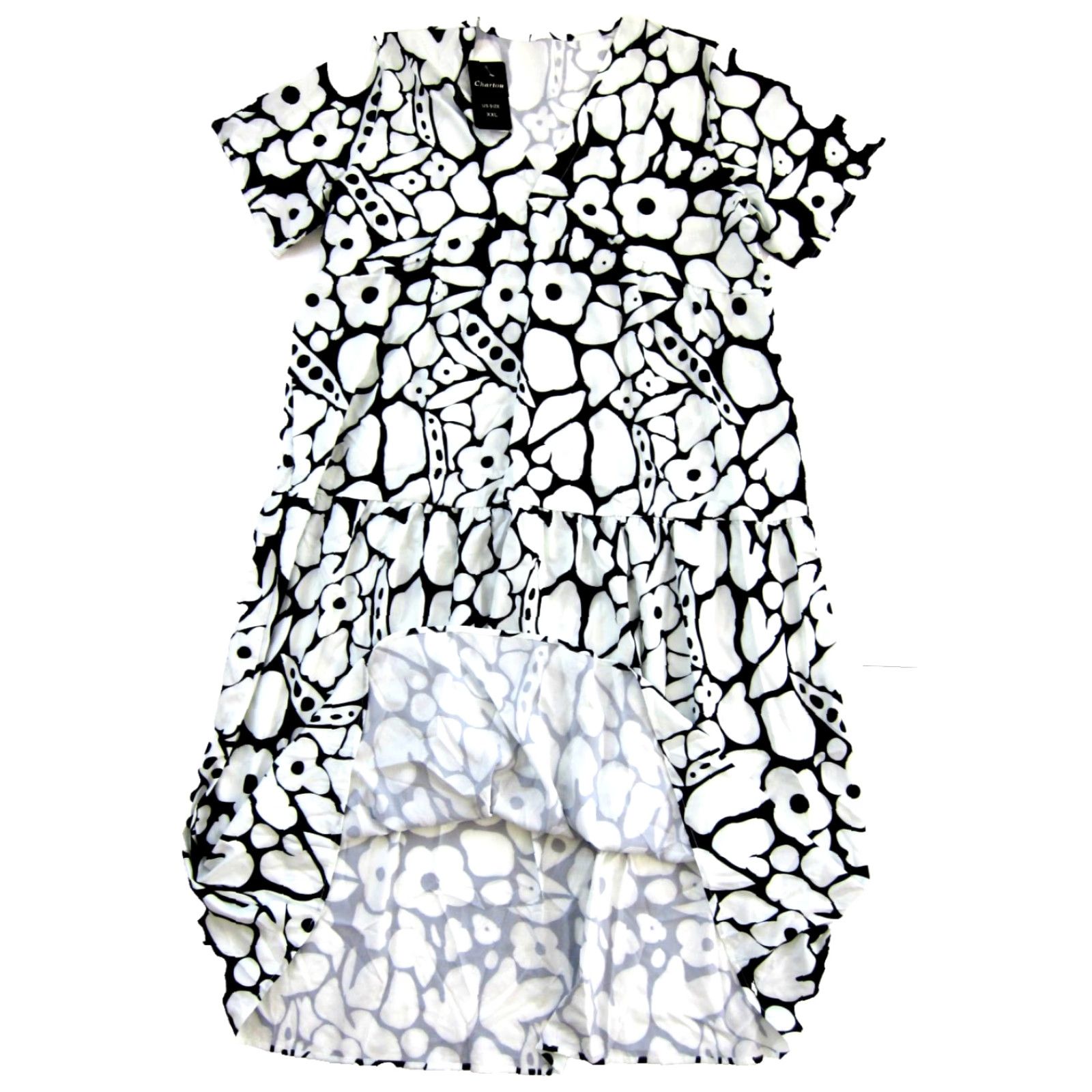 Vintage NWT Chartou Black White Floral V-Neck Short Sleeve Long Maxi Smock Dress XXL Size 40" / US 18 - 5 Thumbnail