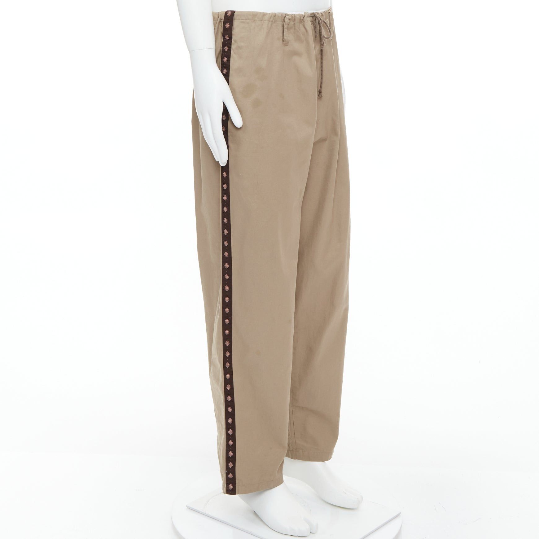 Yohji Yamamoto YOHJI YAMAMOTO beige brown ethnic trim drawstring wide pants JP3 L Size US 29 - 1 Thumbnail