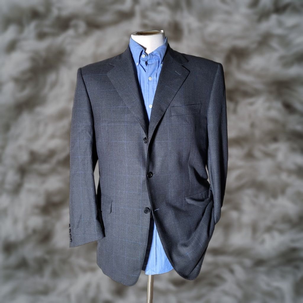 Canali VINTAGE Canali Blue On Charcoal Windowpane CANVAS Check Wool Tweed Jacket Blazer 52R 42R Size 42R - 1 Thumbnail