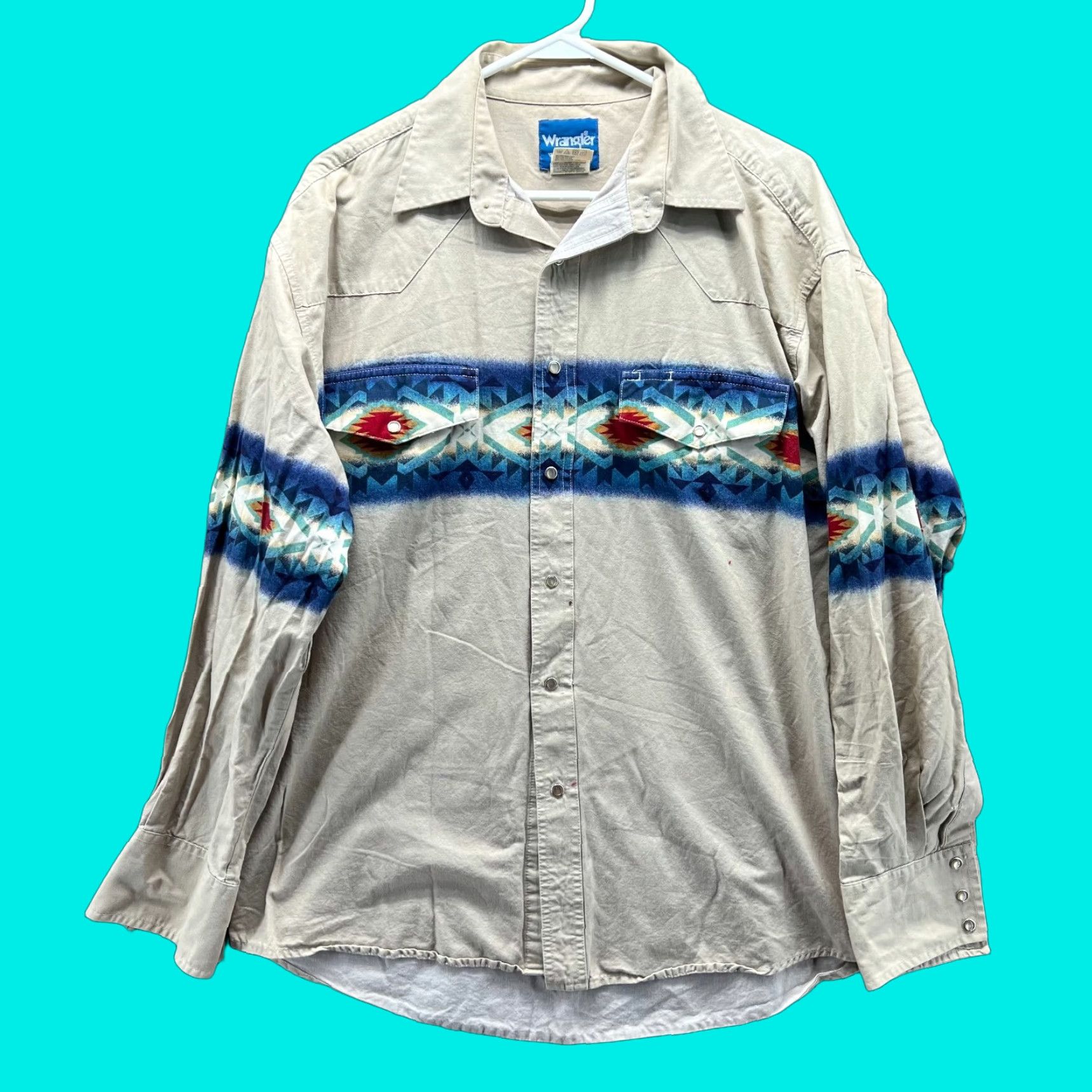Wrangler VINTAGE Wrangler Western Shirt Mens Large Beige Cotton Pearl Snap Brushpopper VTG Size US L / EU 52-54 / 3 - 1 Thumbnail