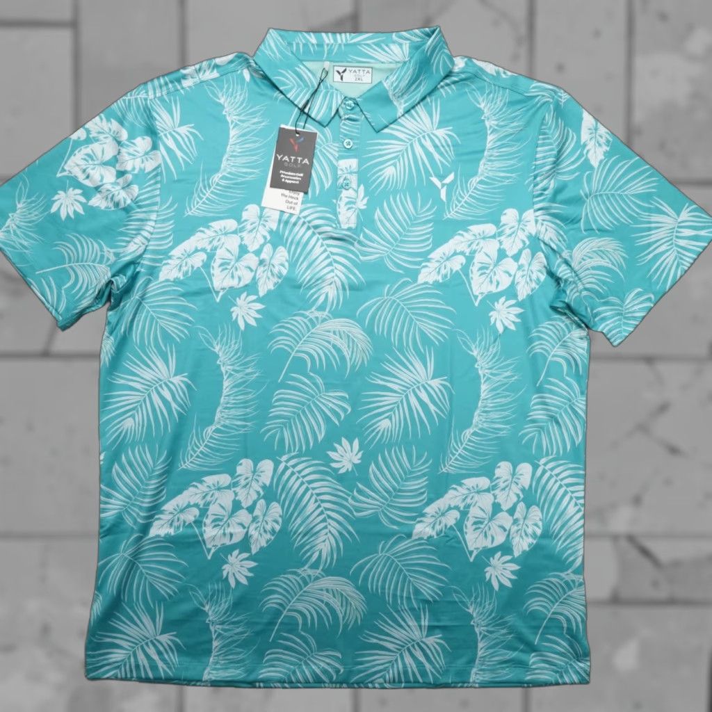 Vintage Yatta Performance Golf Polo Shirt Mens 2XL Teal Paradise Floral Palm Leaf Sports Polo Shirt Men Size US XXL / EU 58 / 5 - 1 Thumbnail