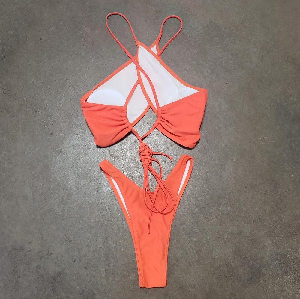 Designer Coral Crossed High Cut Bikini Set Size ONE SIZE - 2 Thumbnail