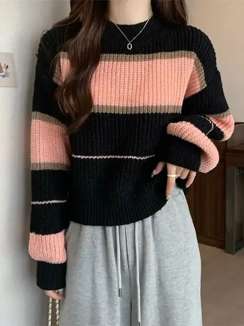 image of Vintage Zoki Harajuku Striped Jumpers Women Retro in Black