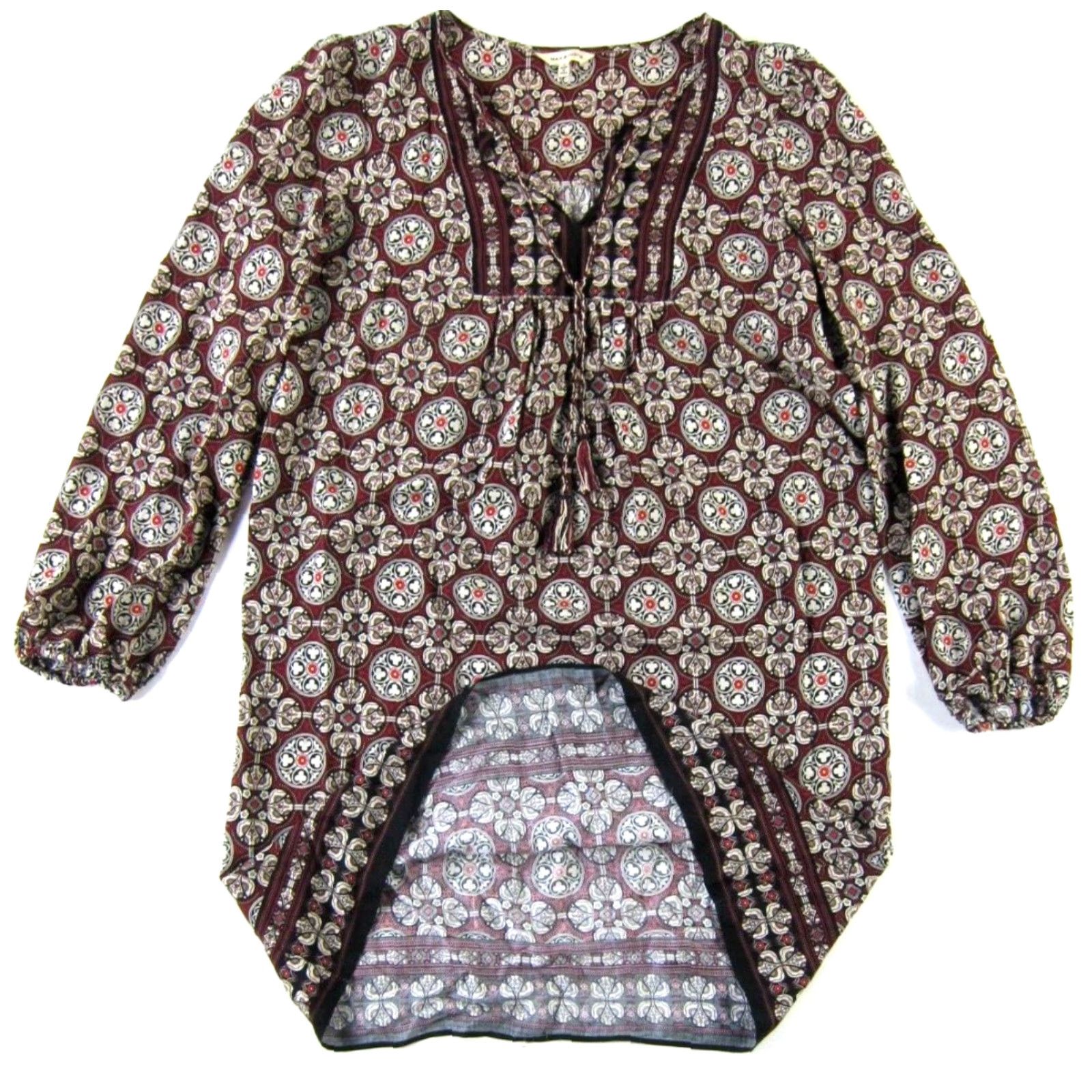 Max Studio Rayon Red Black Pink Paisley Floral Long Sleeve Tunic Shift Dress  S