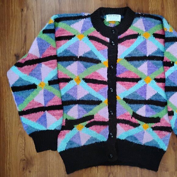 Other Vintage Alpaca Wool Abstract Geometric Cardigan Sweater Size L / US 10 / IT 46 - 2 Thumbnail