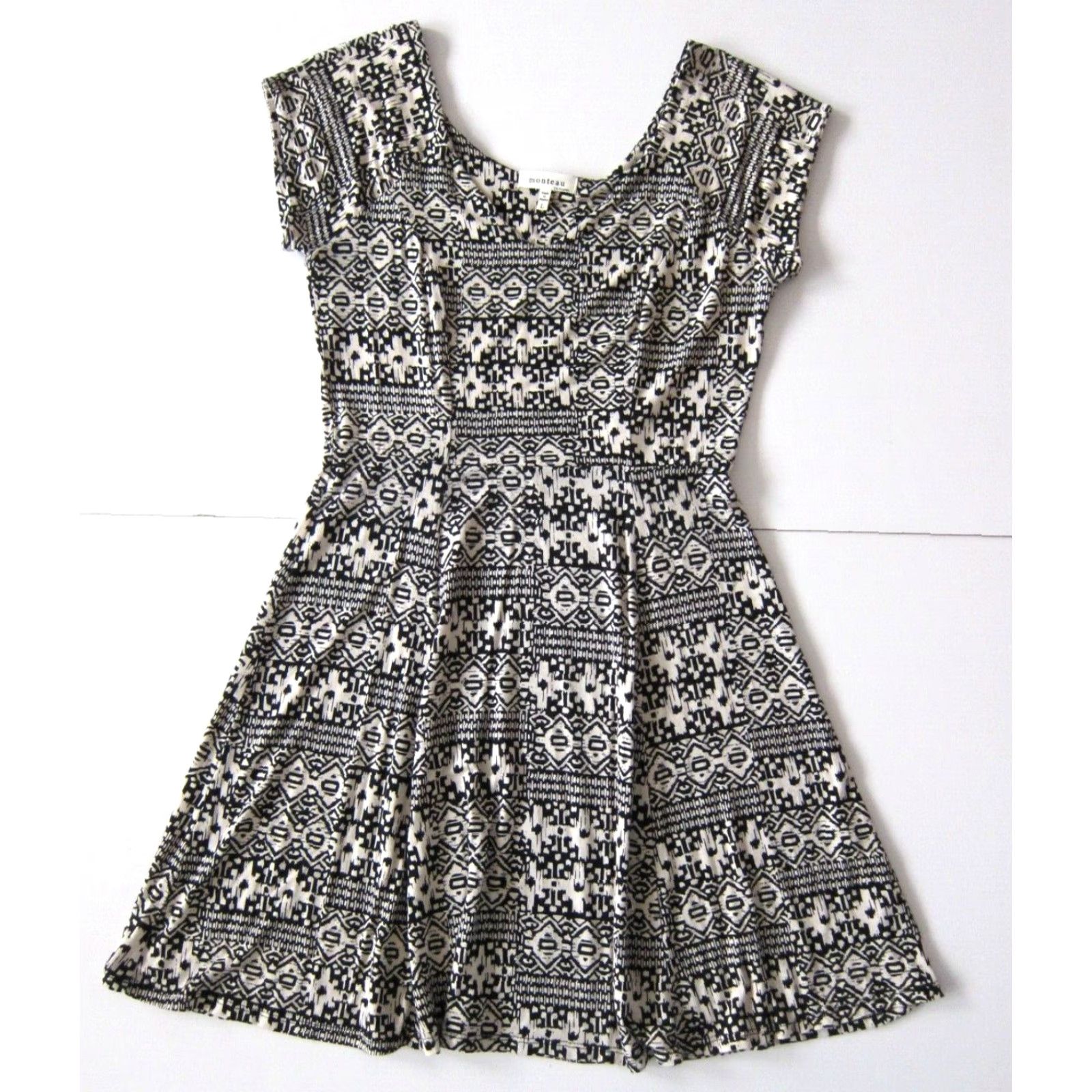 Vintage Monteau Black Ivory Batik Stretch V-Neck Short Sleeve Empire Dress Women Large Size 36" / US 14 / IT 50 - 2 Thumbnail