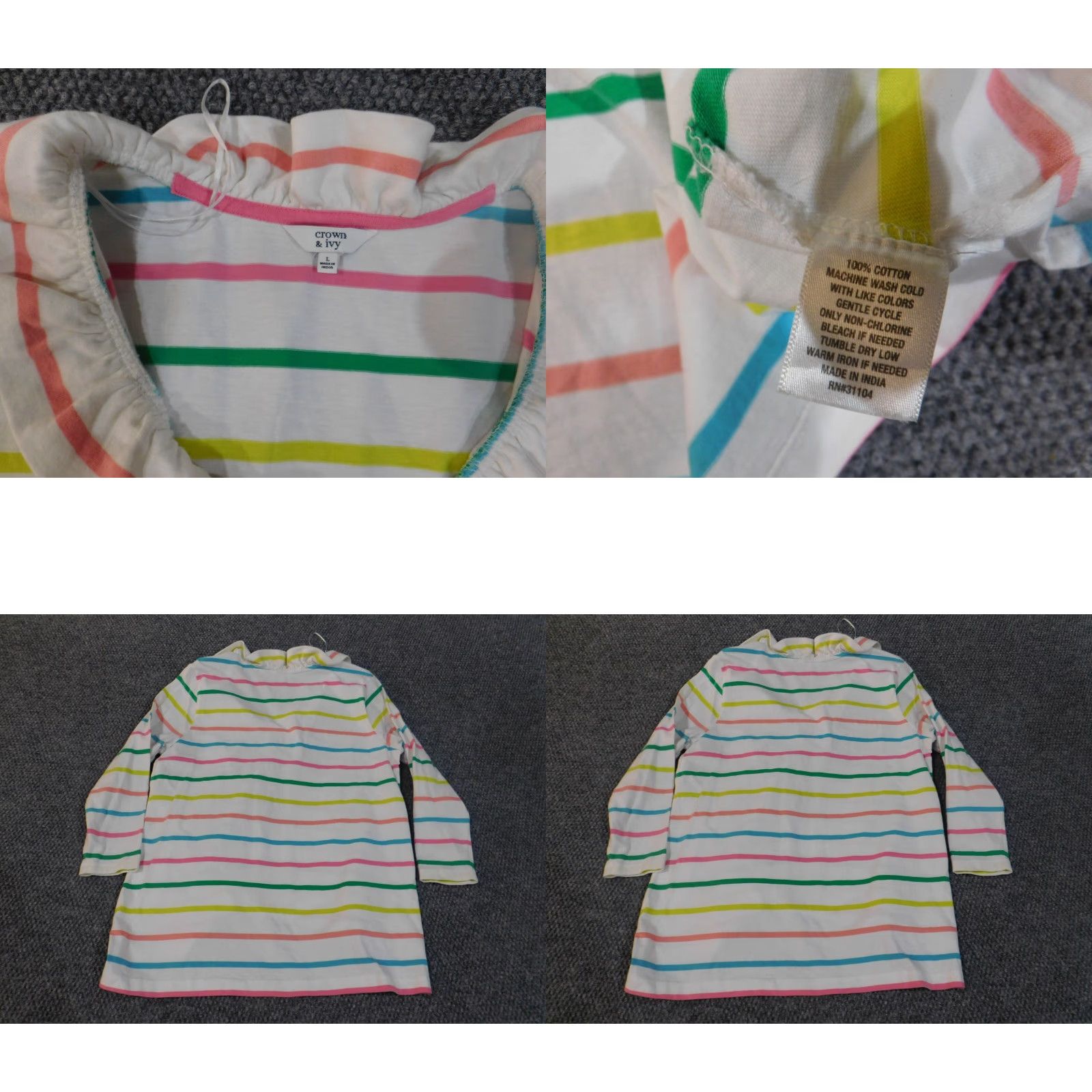 Vintage Crown & Ivy Blouse Shirt Womens Large White Striped Pullover Round Neck Casual Knit Cotton Lightweight Long Sleeve Size L / US 10 / IT 46 - 8 Thumbnail