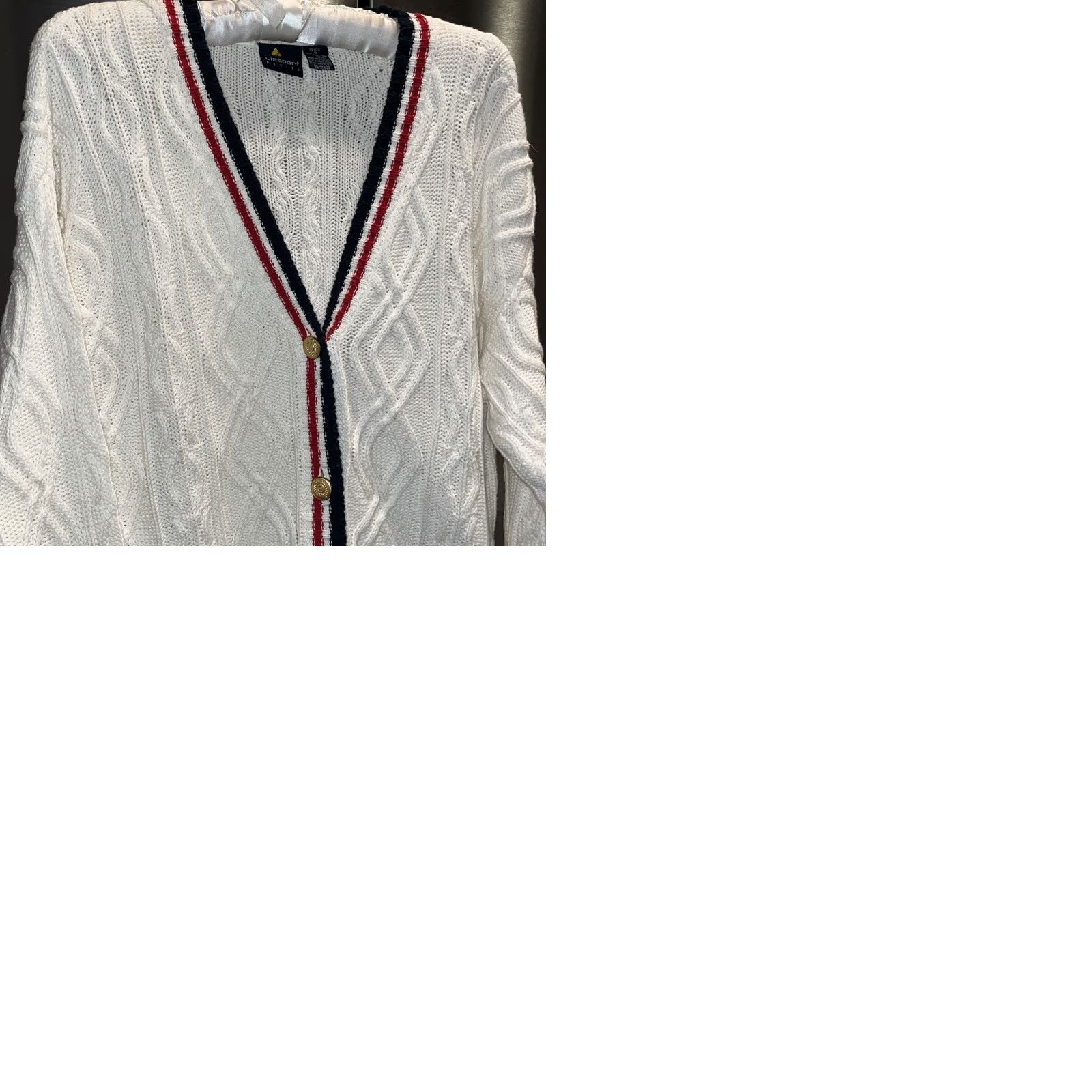 Vintage VINTAGE Lizsport Cardigan 90s KnIT Cable-V-Neck WhiteStripe Blue Red Gold Buttons Women Ps Petite Size S / US 4 / IT 40 - 11 Thumbnail