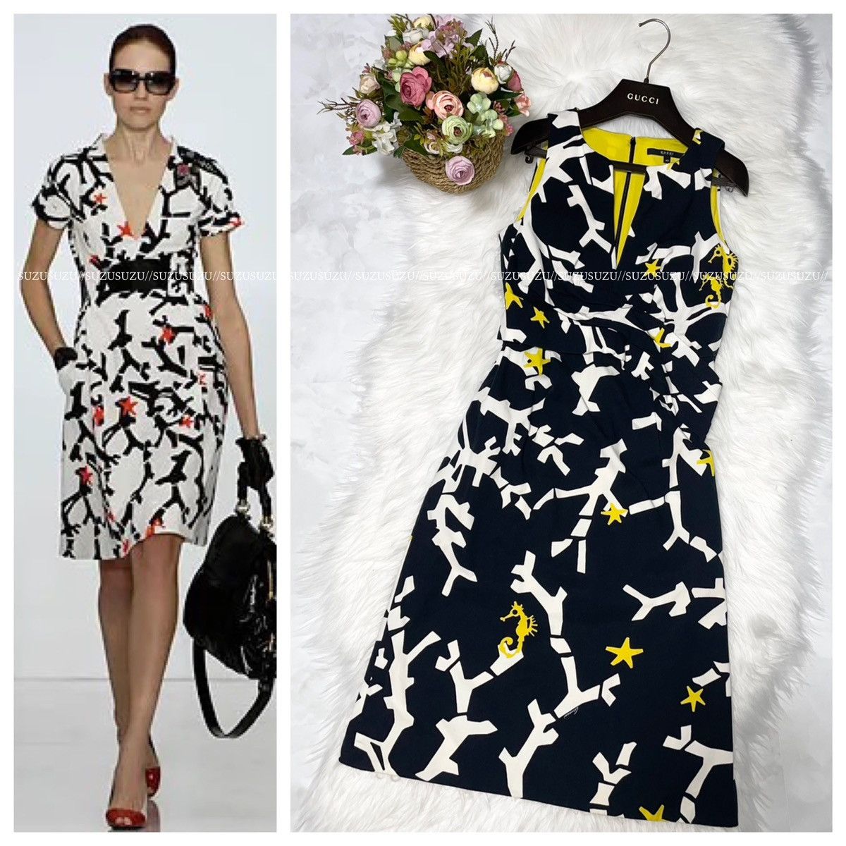 image of Gucci Seahorse Coral Starfish Sleeveless Dress 40 Black in Black/White/Yellow, Women's (Size Small)