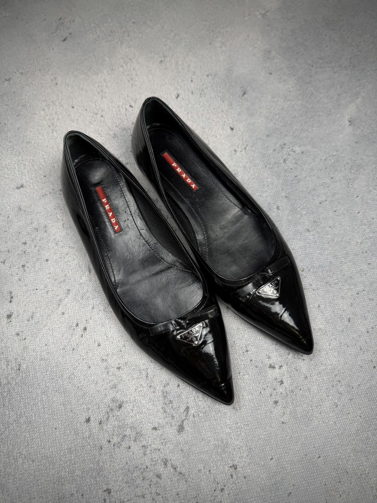 Prada Prada Black Patent Leather Pointed Toe Flats Metal Logo Rare Size US 8.5 / IT 38.5 - 1 Thumbnail