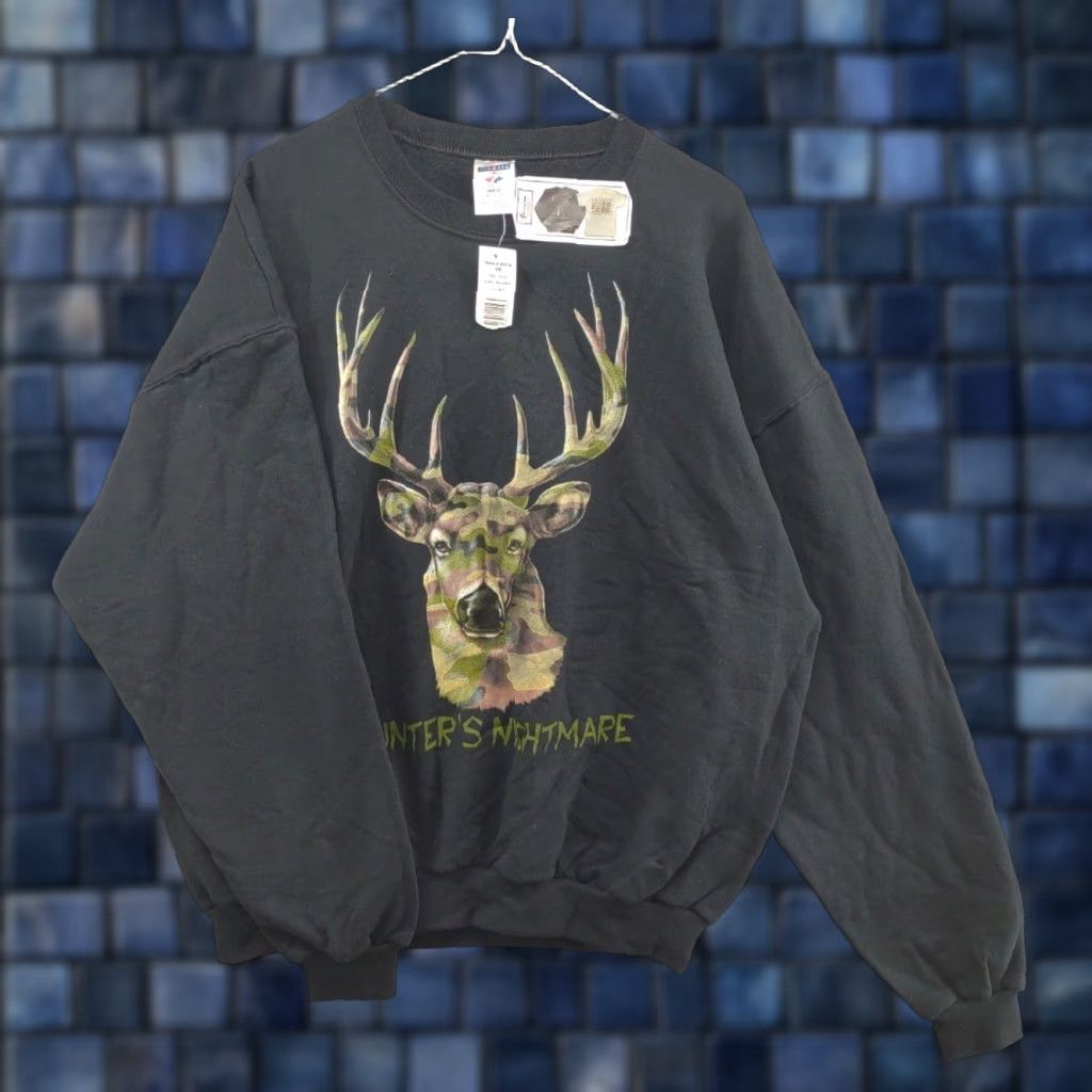 Jerzees HUNTER’S NIGHTMARE American Traditions Camo Sweatshirt Men’s XL Black Deer Hunting Pullover Jerzees Sweatshirt Mens XL Black Camouflage Hunting 90s Size US XL / EU 56 / 4 - 1 Thumbnail