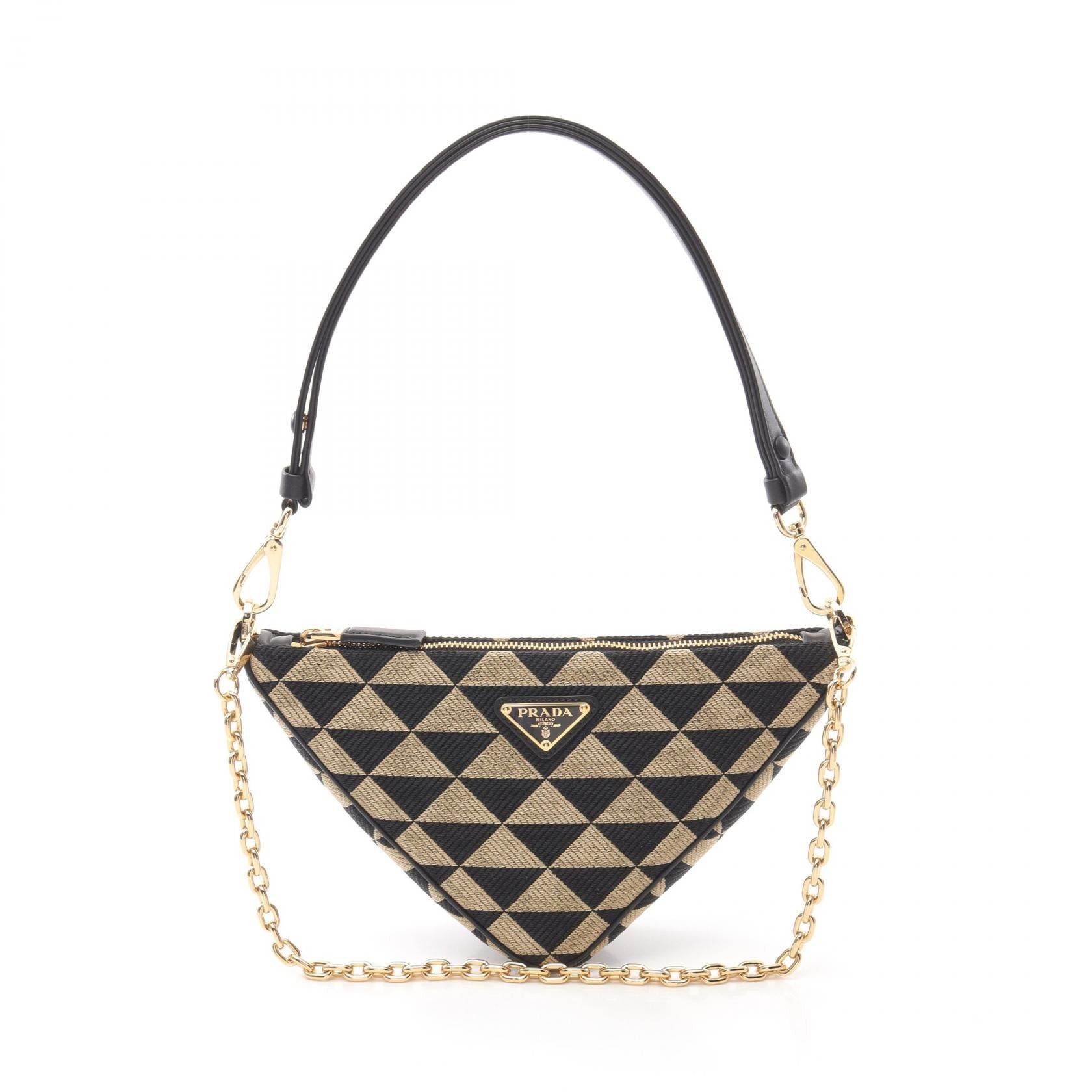 Prada Triangle One Shoulder Bag Canvas Leather Beige Black, Women's