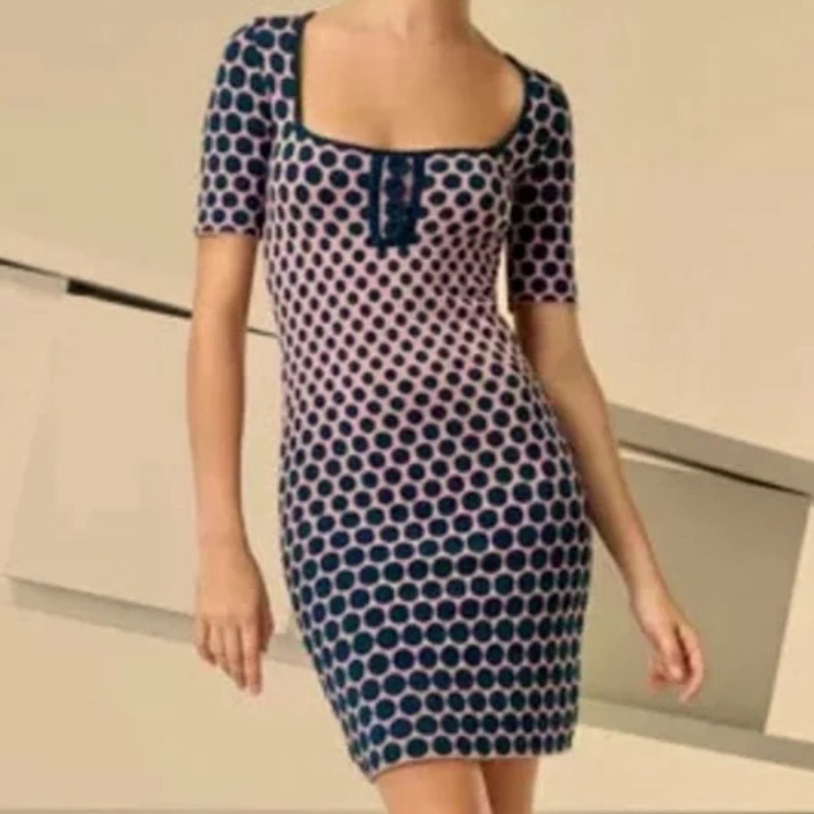 image of Zac Posen Polka Dot Knit Dress Size Medium Pink Green, Women's