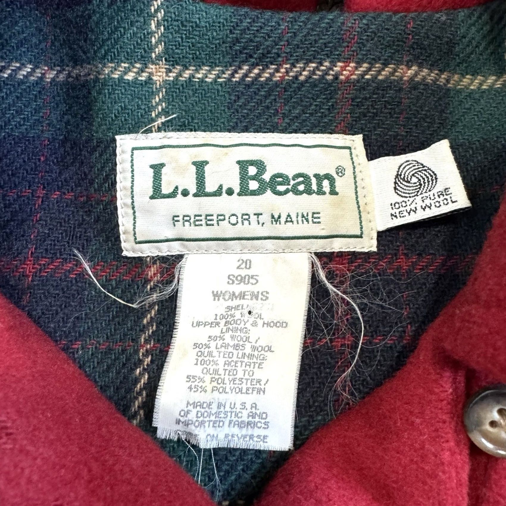 Vintage VINTAGE L.L. Bean Duffel Coat Jacket Women’s Long Red Lambswool Hooded Plaid Lined Toggle Size 3XL / US 20-22 - 5 Thumbnail