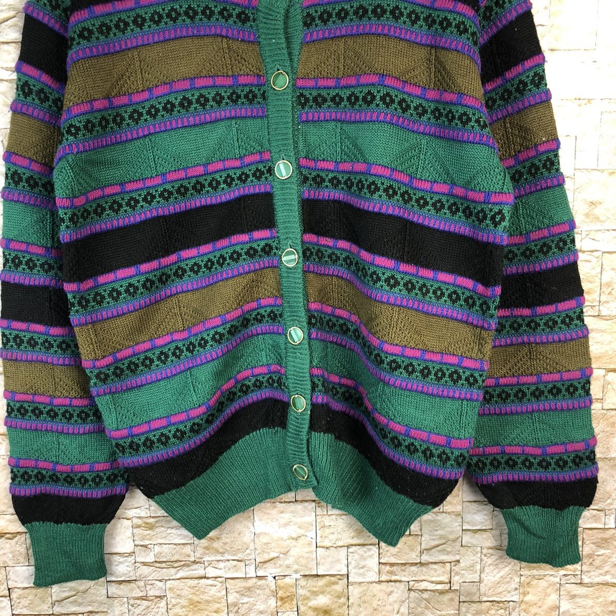 Japanese Brand Palls Pyra vintage japan Green Patterned Cardigan #A1095 Size US M / EU 48-50 / 2 - 6 Thumbnail