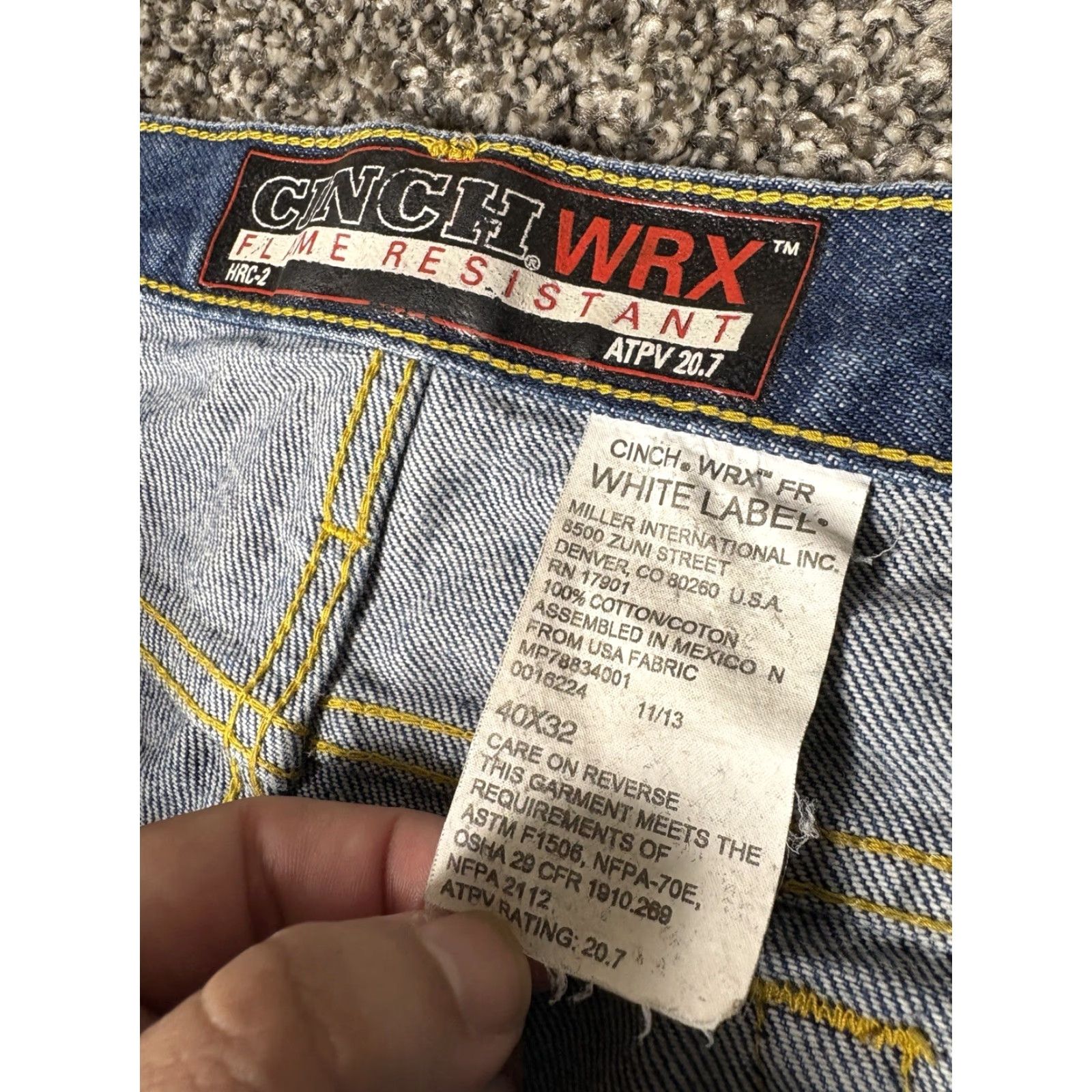 Denime Cinch WRX FR Jeans Men 40x34 Denim White Label Relaxed Flame-Resistant Work Jeans 5-Pocket American Cowboys Color Blue Mens Size US 40 / EU 56 - 6 Thumbnail
