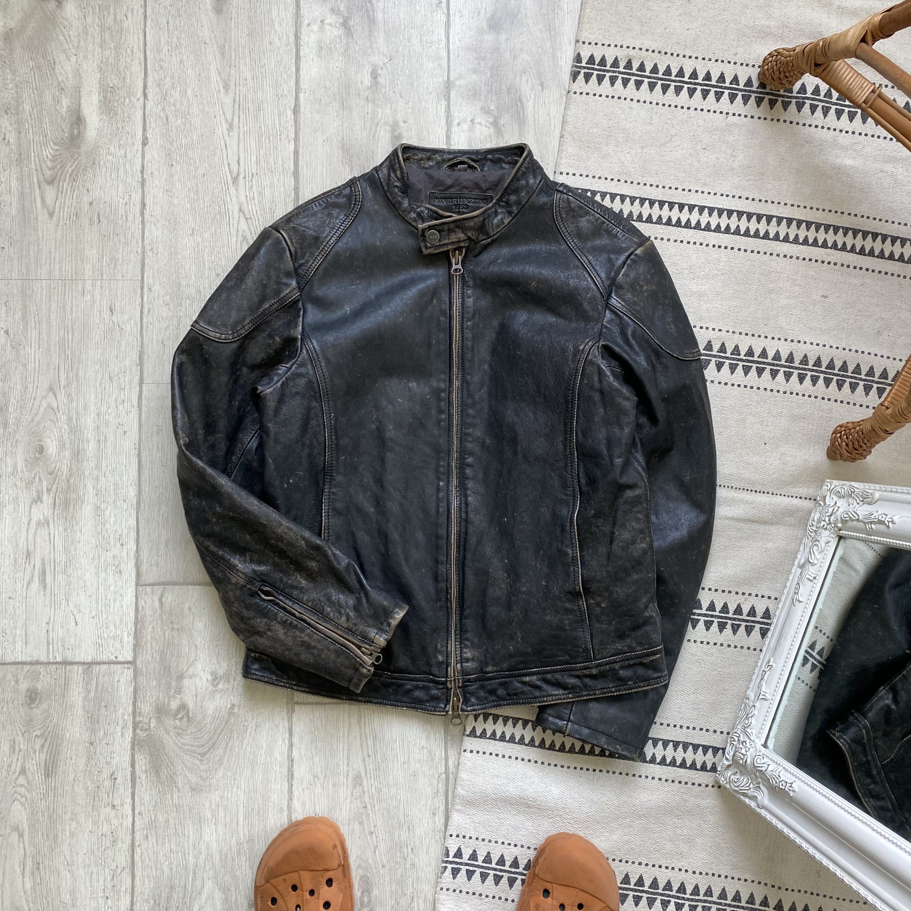 image of Avant Garde x Leather Jacket Vintage Gap Style Distressed Leather Motorcycle Jacket Y2K in Black (S