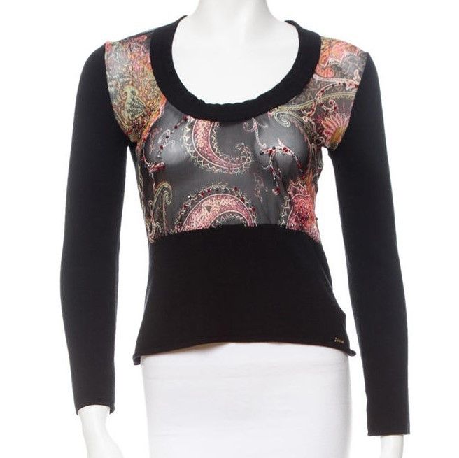 Roberto Cavalli Black Knit Sweater with Crystal Beaded Mesh Front size M Size M / US 6-8 / IT 42-44 - 2 Thumbnail