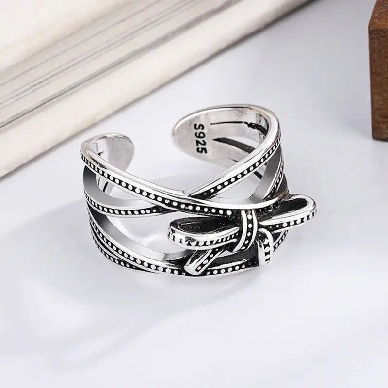 Jewelry × Vintage Bowknot Geometric Rings Art Silver Jewelry Rings Size ONE SIZE - 2 Thumbnail