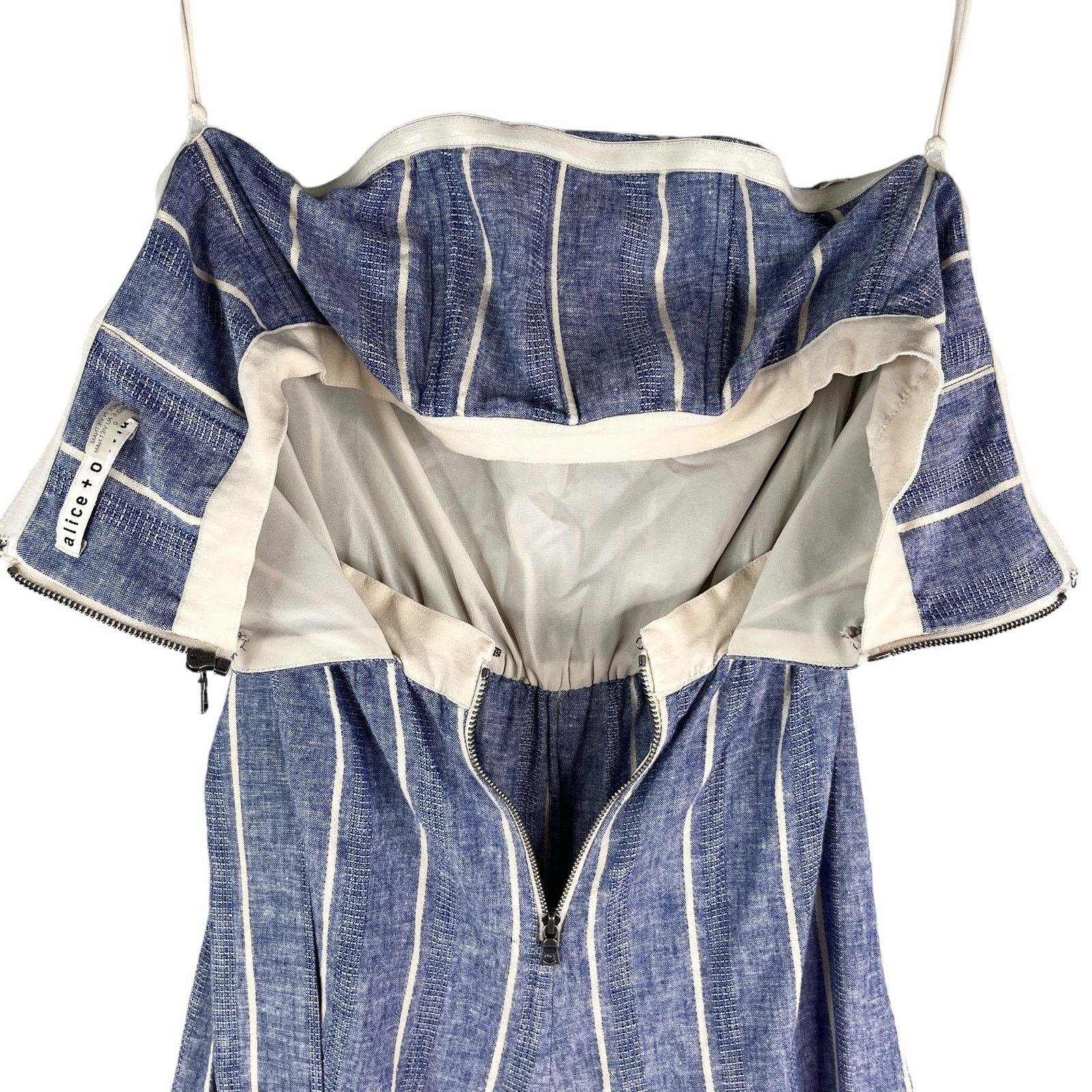 ALICE + OLIVIA Lucie Linen Striped Strapless Jumpsuit 0