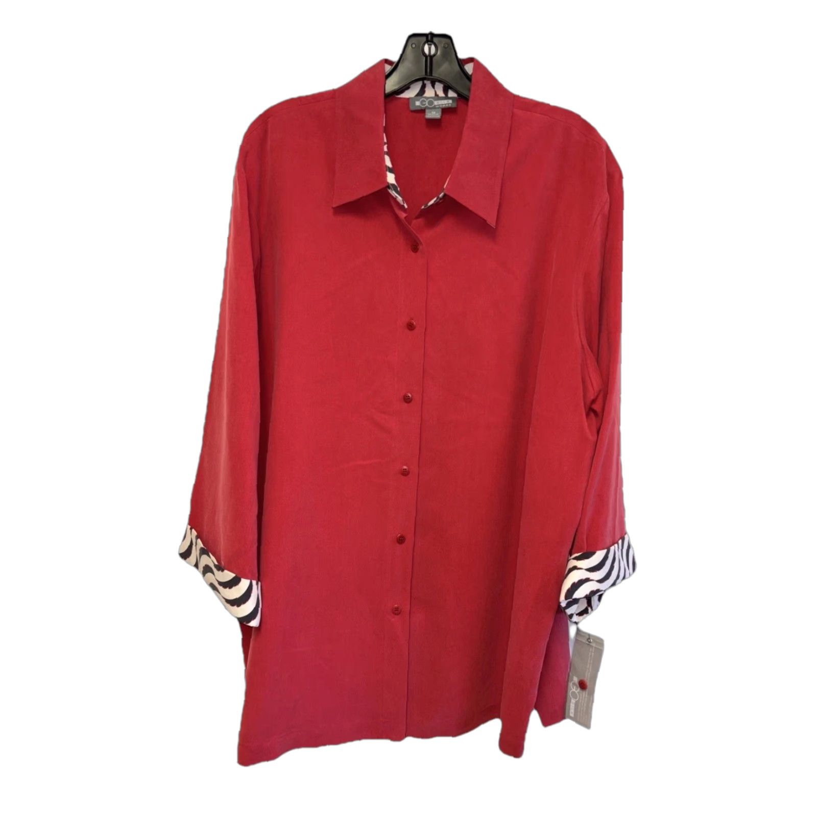 Go Silk Women Top 1X Red Button Up Zebra Print 3/4 Sleeve Collared Neckline Casual Shirt Womens Silk