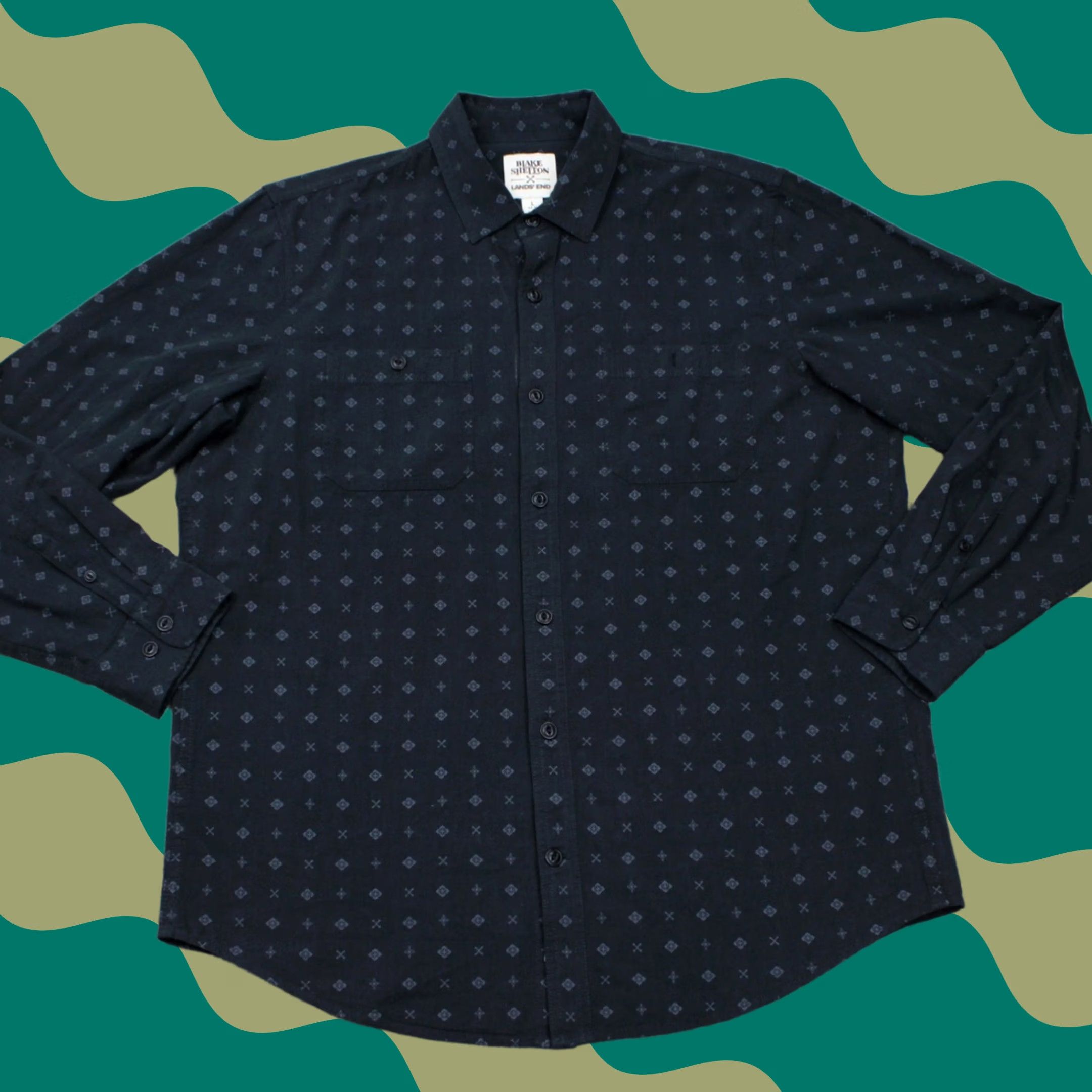 Lands' End Blake Shelton x Lands' End AOP Shirt Mens Large Black All Over Print Cotton L/S Shirt Size US L / EU 52-54 / 3 - 1 Thumbnail