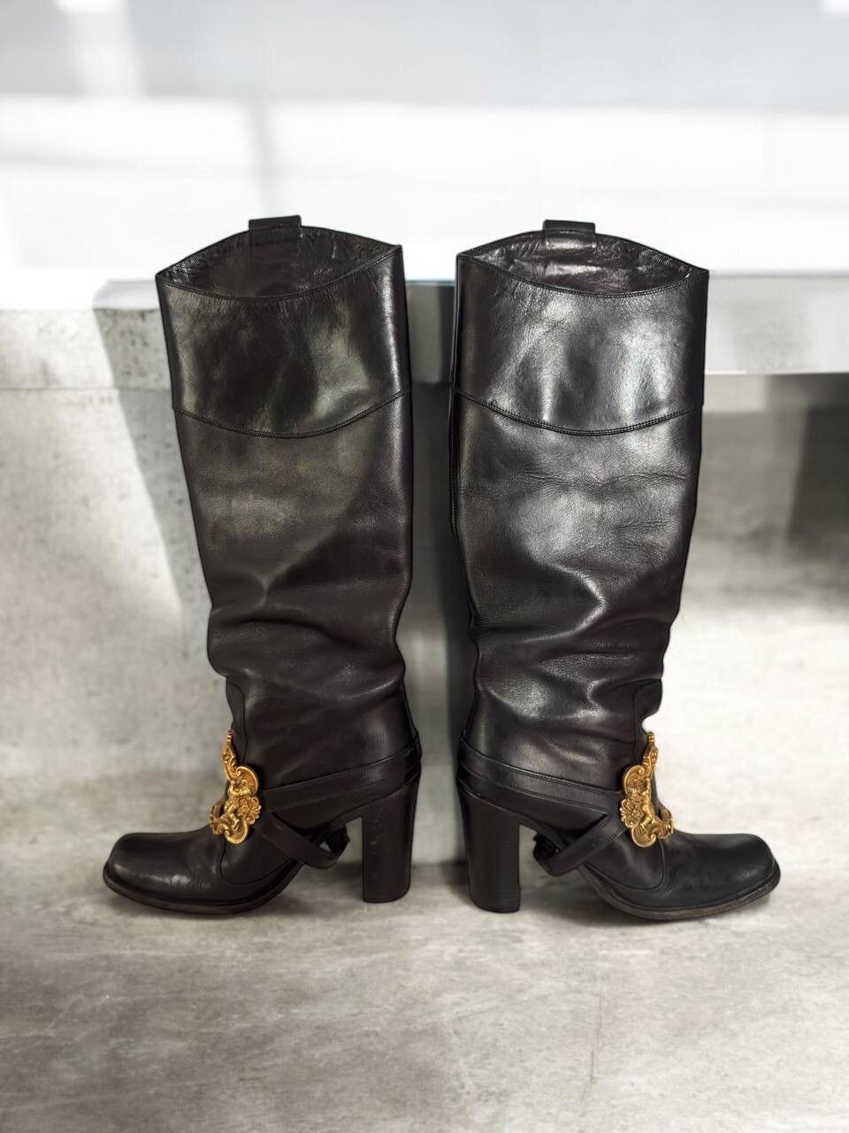 Dolce & Gabbana Dolce & Gabbana Black Leather Flower Embellished Knee Boots Size US 6 / IT 36 - 6 Thumbnail