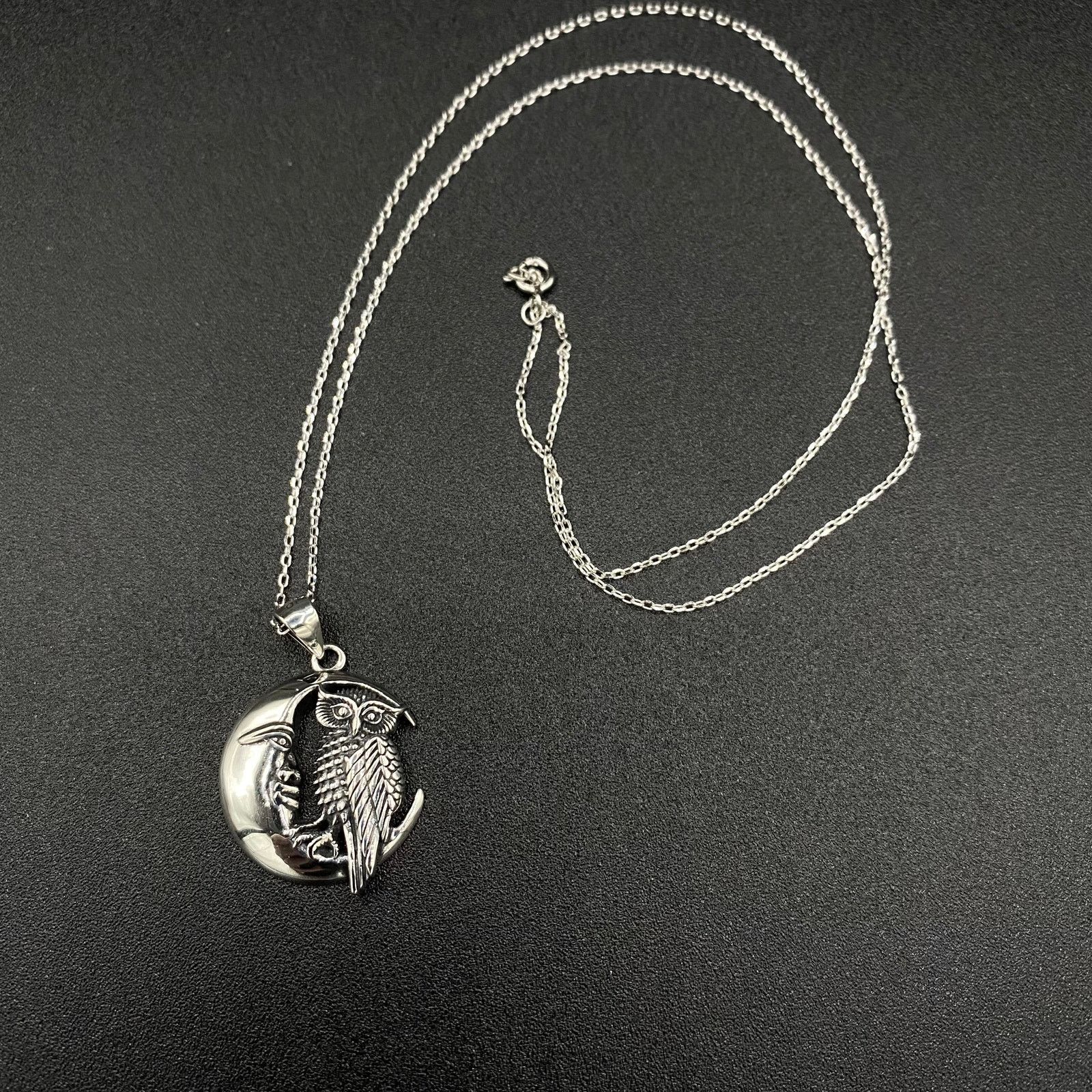 The Unbranded Brand Owl And Moon Sterling Silver Necklace Size ONE SIZE - 1 Thumbnail