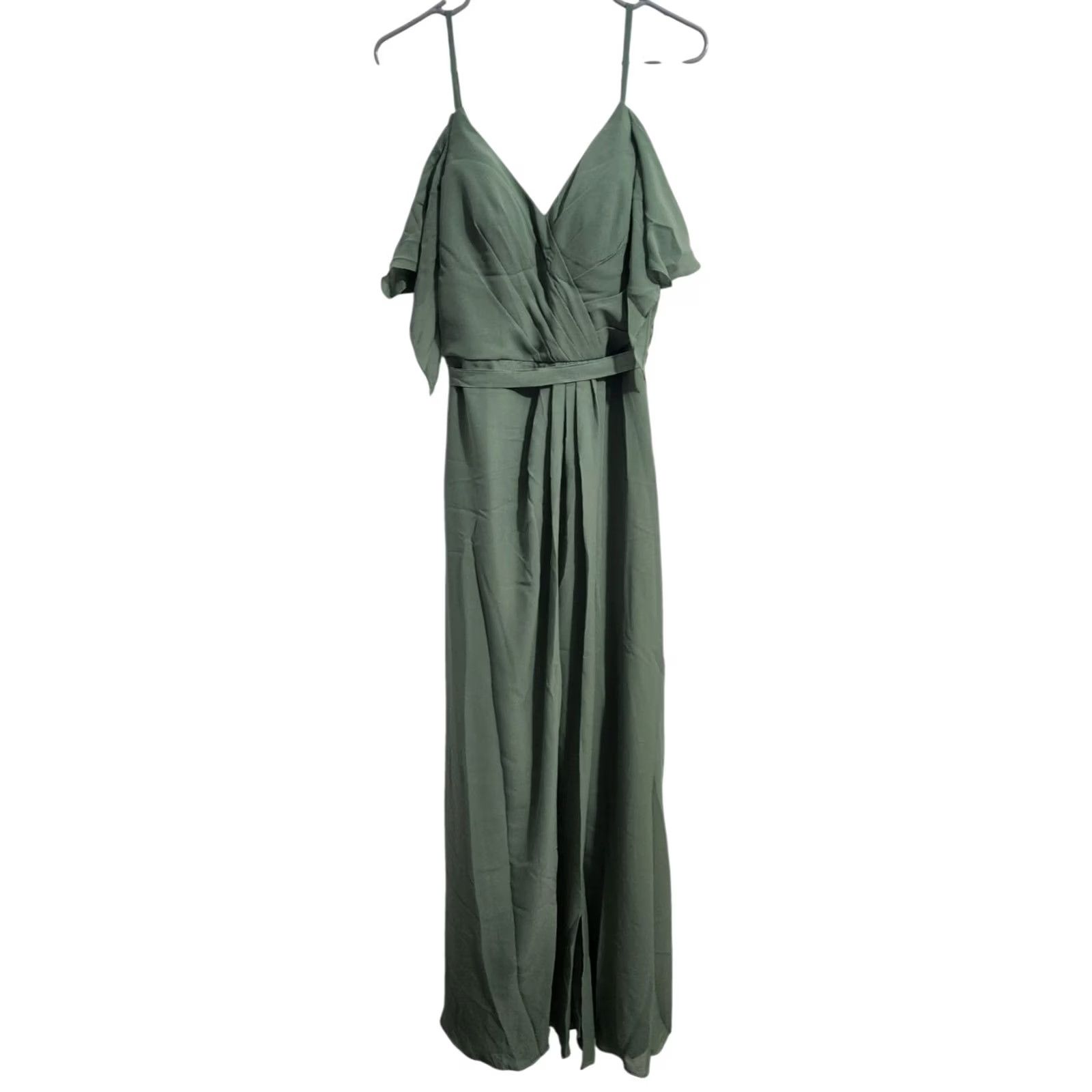 Vintage JJs House Womens Dress Maxi A-Line Chiffon Belted 10 Green Wedding V-Neck Sleeveless Ruffle Long 60" Keynote: Belted, Lined, Solid Size L / US 10 / IT 46 - 2 Thumbnail
