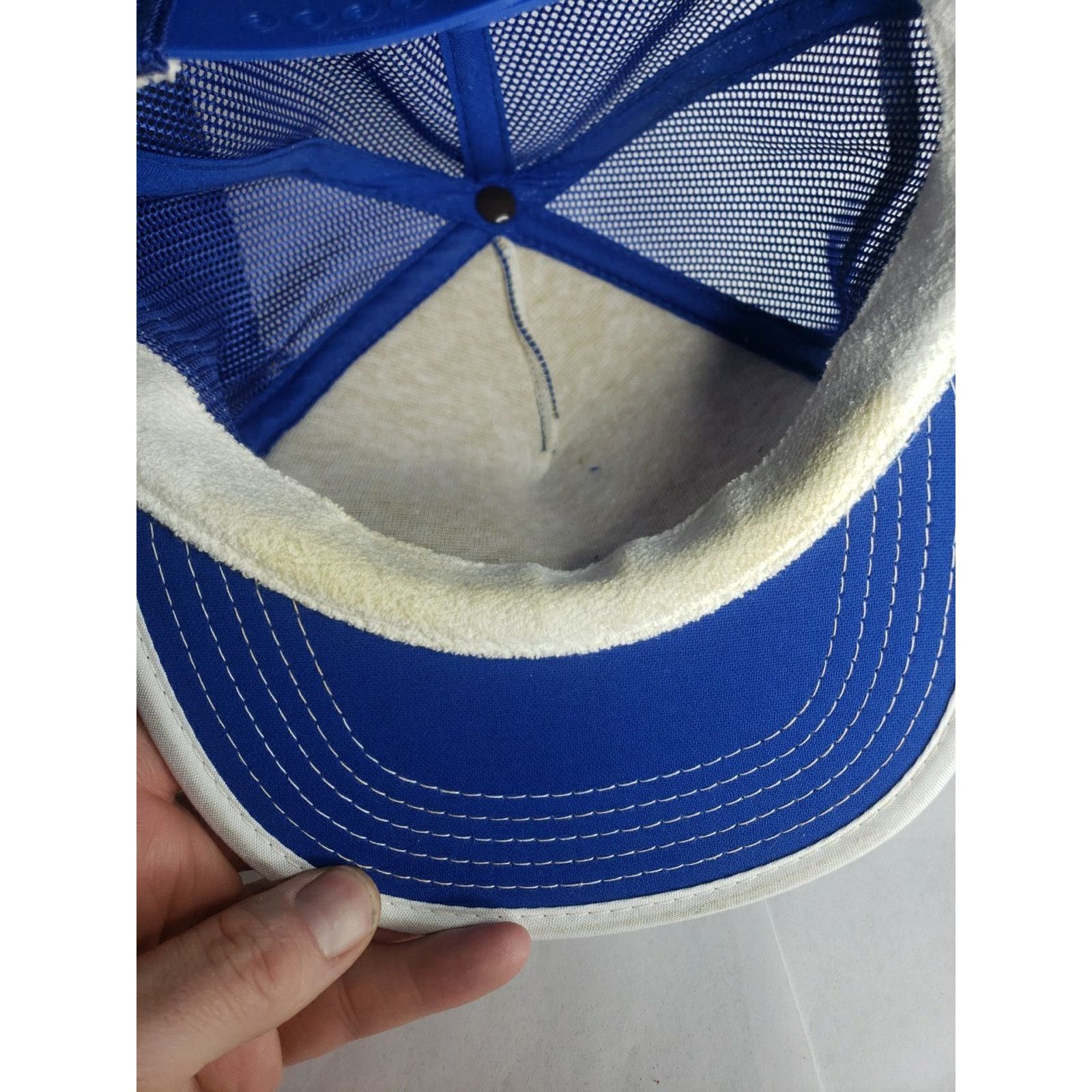 Vintage VTG Three Stripe Trucker Hat USA Mesh 70s 80s Blue Metal Size ONE SIZE - 6 Thumbnail