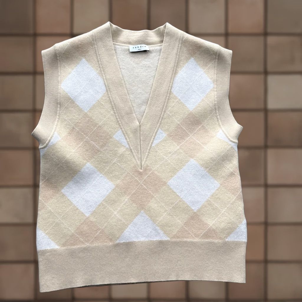 Sandro Sandro Vest Womens 1 Beige Argyle Knit V-Neck Preppy Cashmere Blend Sleeveless Wool Viscose Polyamide Tight-Knit Casual Size XS / US 0-2 / IT 36-38 - 1 Thumbnail