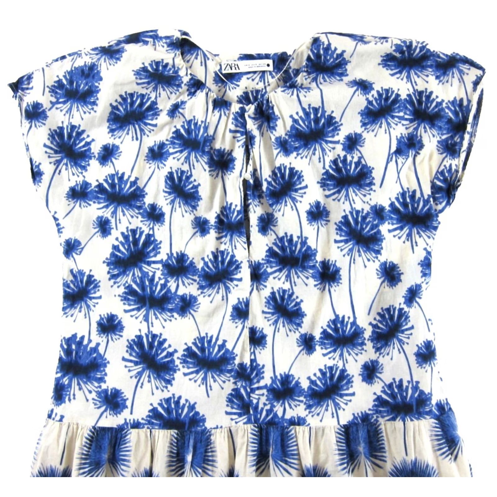 Zara ZARA Blue White Floral Cotton Cap Sleeve Maxi Dress S Pockets Size S / US 4 / IT 40 - 5 Thumbnail