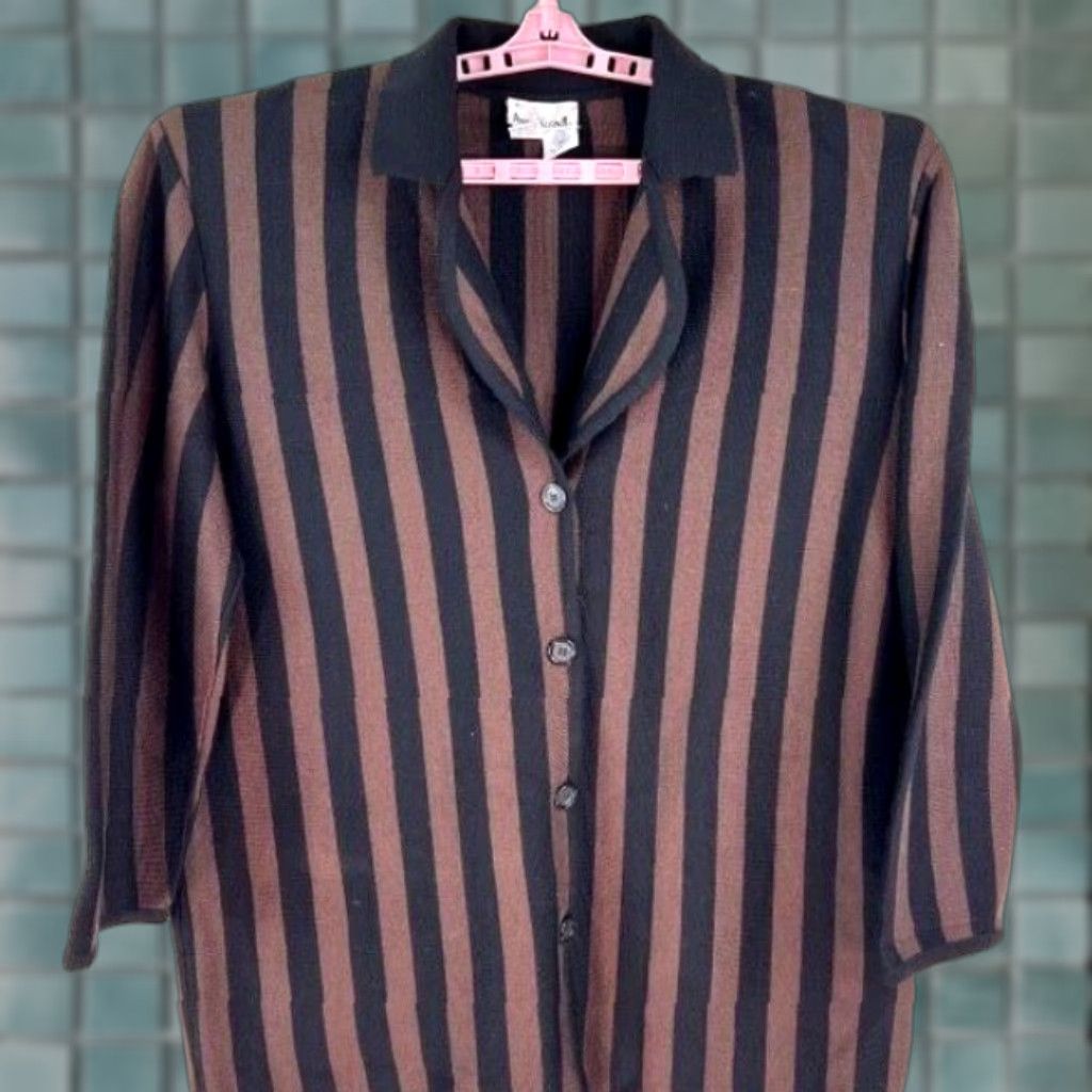 Anne Klein VINTAGE Anne Klein Cardigan Wool Striped Button Front Cardigan Woman L Black/Brown 80s Style Mens? Women's Size L / US 10 / IT 46 - 1 Thumbnail