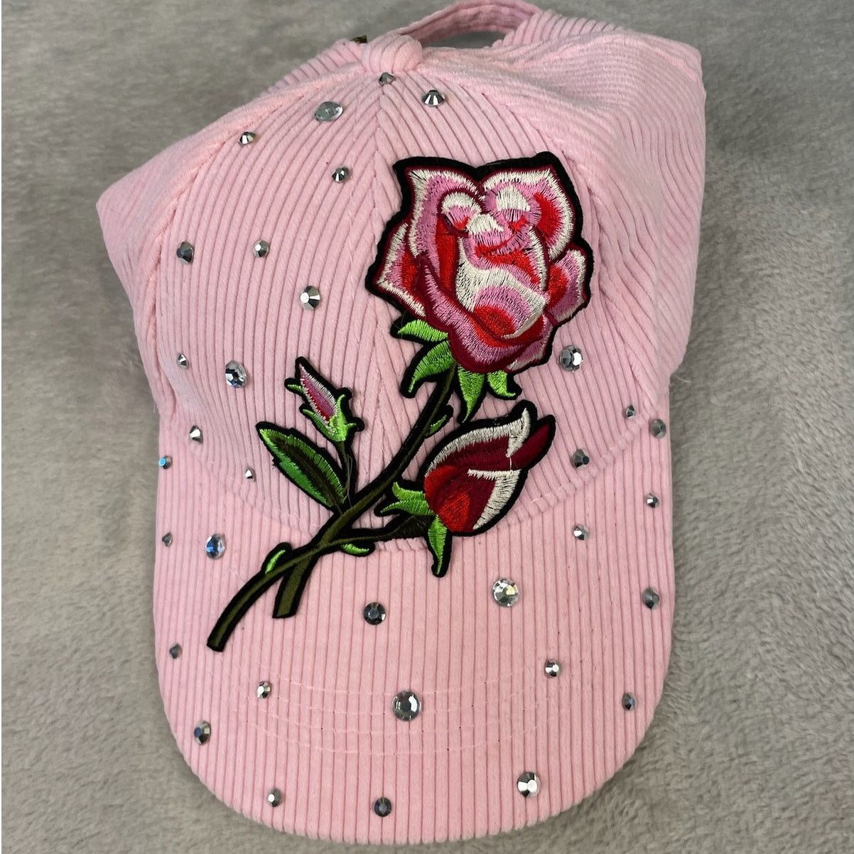Other Pink Corduroy Hat Rose Embroidery and Rhinestone Accents Size ONE SIZE - 1 Thumbnail