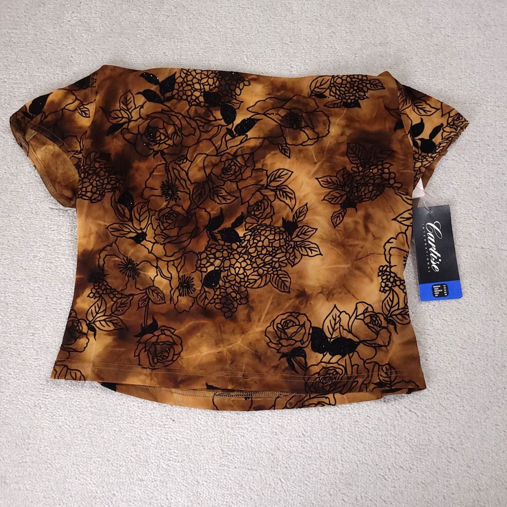 Vintage VINTAGE CARTISE INTERNATIONAL Crop Top Shirt Womens Brown Floral Velvet Glitter Boho Casual Short Sleeve 90s Womens Size XL / US 12-14 / IT 48-50 - 2 Thumbnail