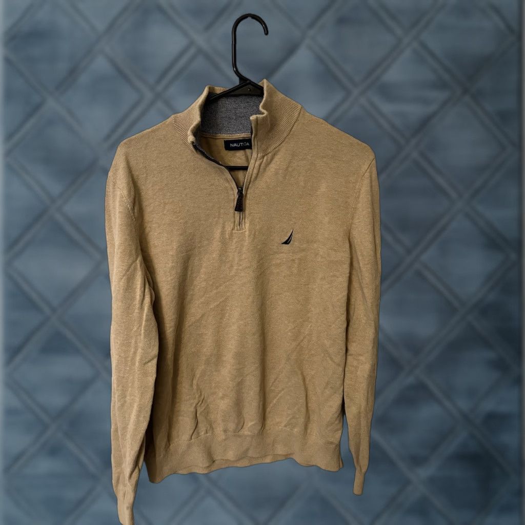 Nautica Nautica Sweater Pullover 1/4 Zip Adult Large Beige Brown Navy Logo Long Sleeve Mens Regular Knit Solid Golf American (Blue) Size US L / EU 52-54 / 3 - 1 Thumbnail