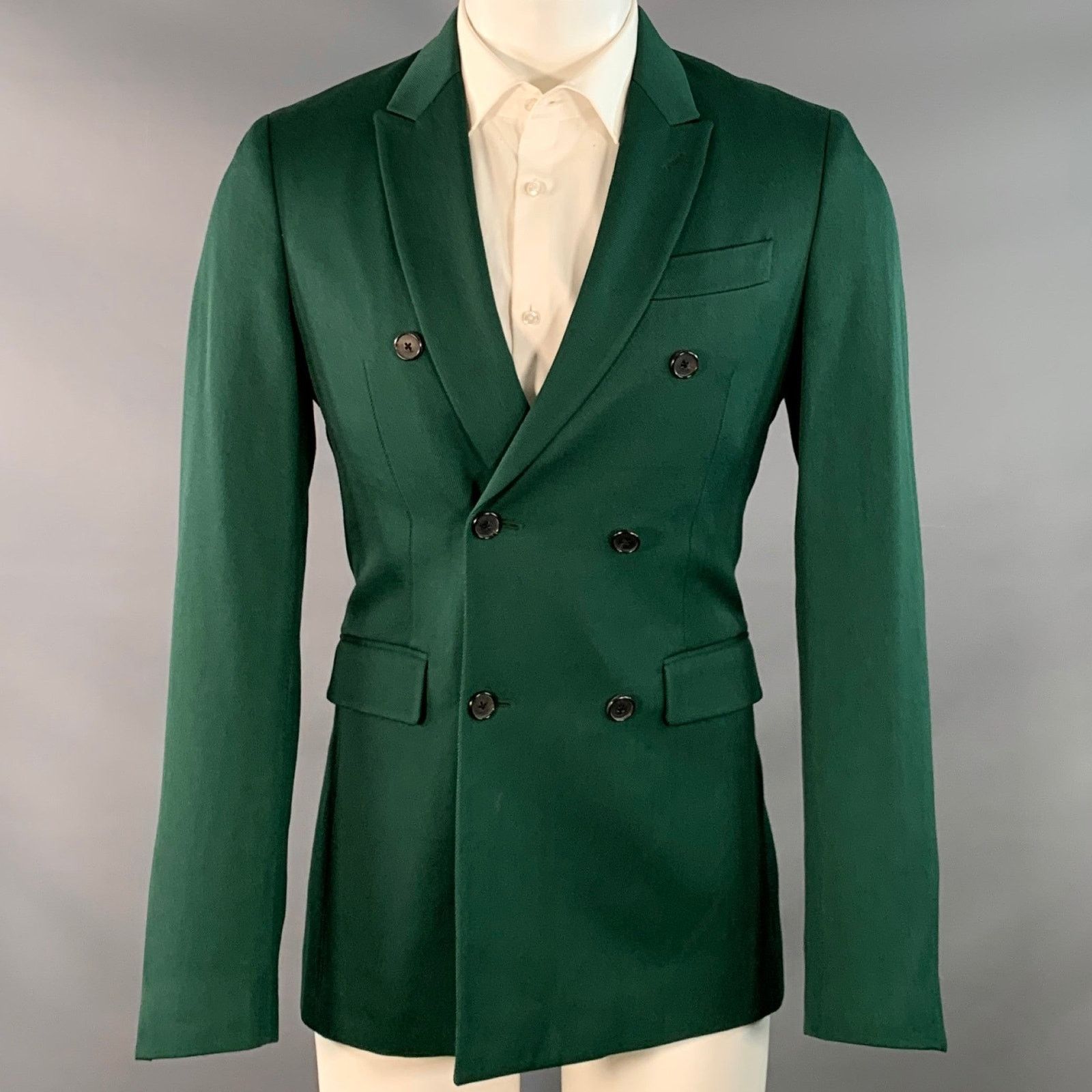 Calvin Klein 205W39NYC Green Wool Twill Double Breasted Peak Lapel Sport Coat Size 36R - 1 Thumbnail