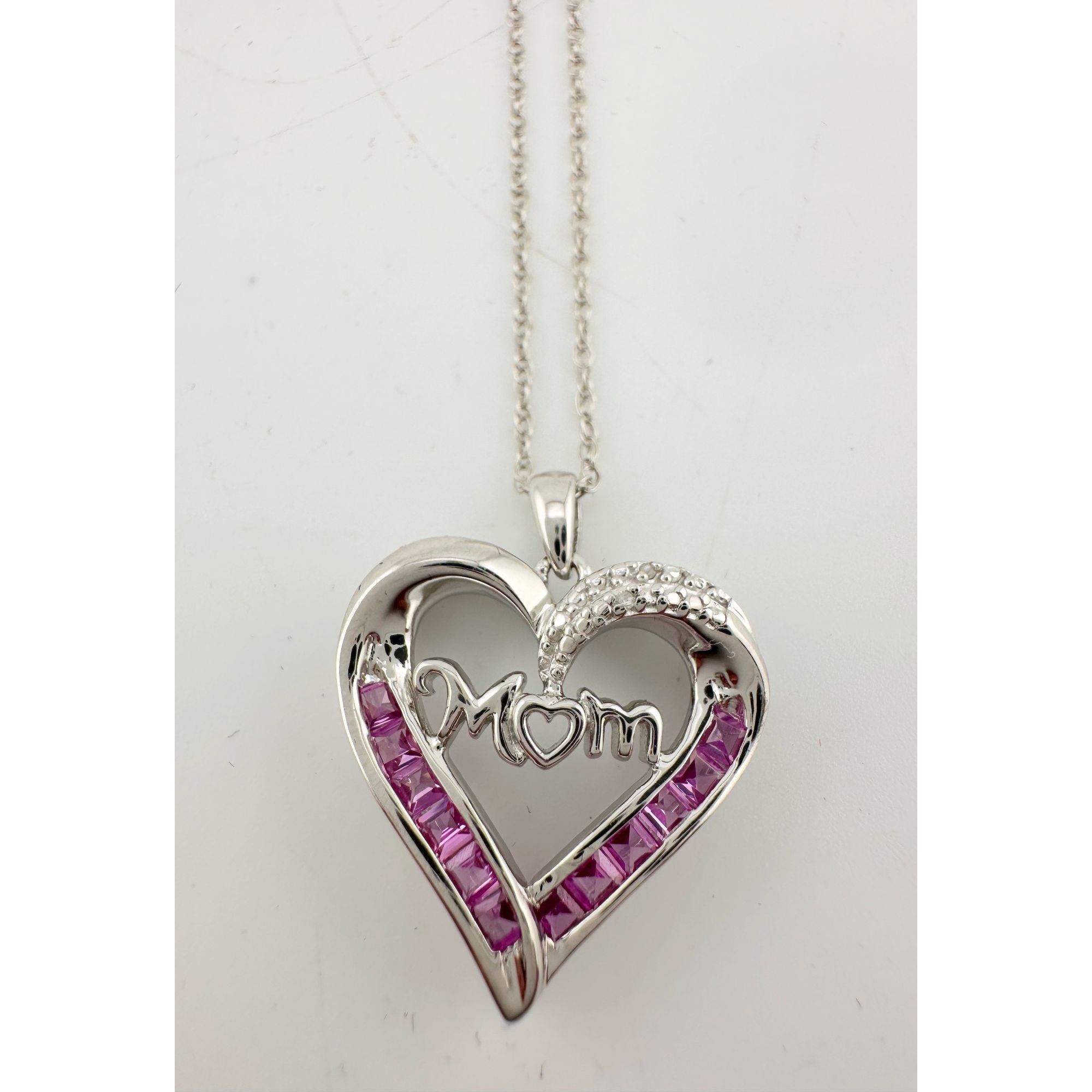 Other Pink Sapphire 'MOM' Heart Necklace with Diamond Accent Size ONE SIZE - 4 Thumbnail