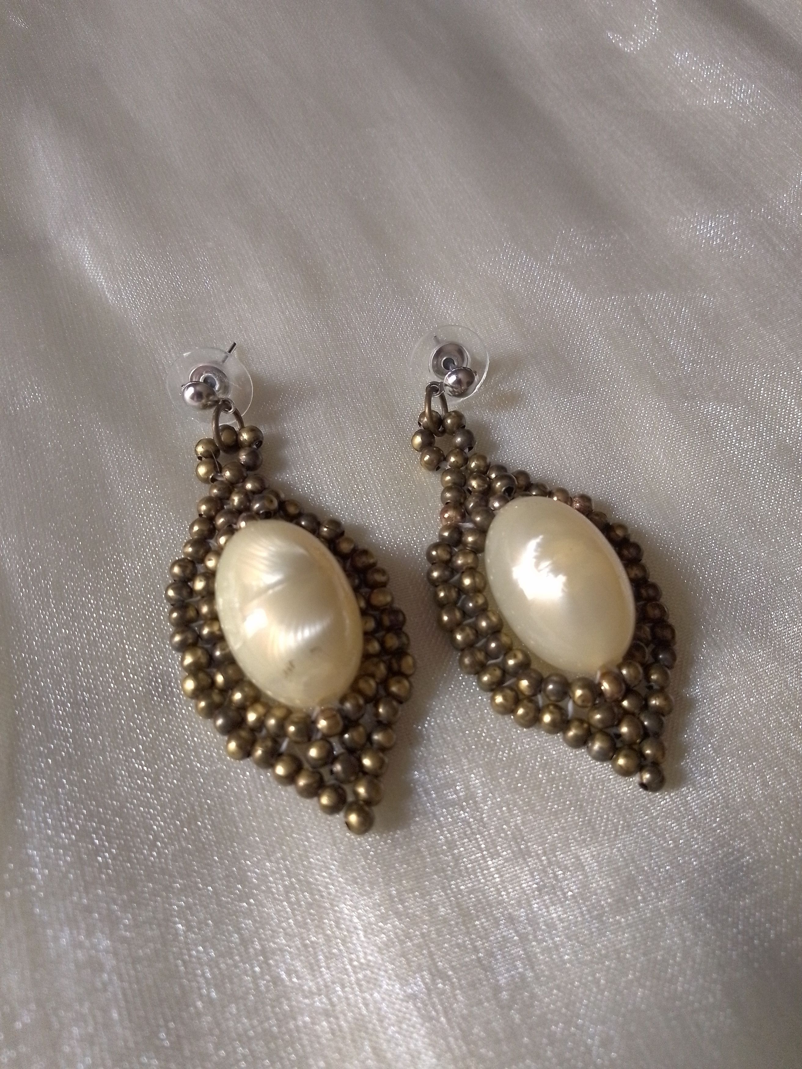 Handmade Earrings Vintage Elegant Antique Pearl and Brass Embroidered Size ONE SIZE - 6 Thumbnail