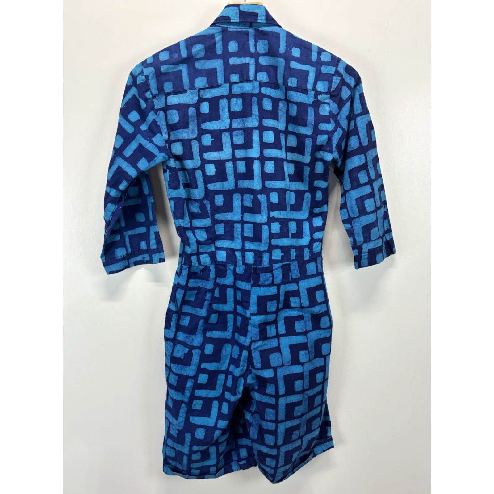 Anthropologie Anthropologie Sika Women Romper Shorts 6 Blue Geometric 3/4 Sleeve Button Pockets Dressy Woven Size 28" / US 6 / IT 42 - 3 Thumbnail