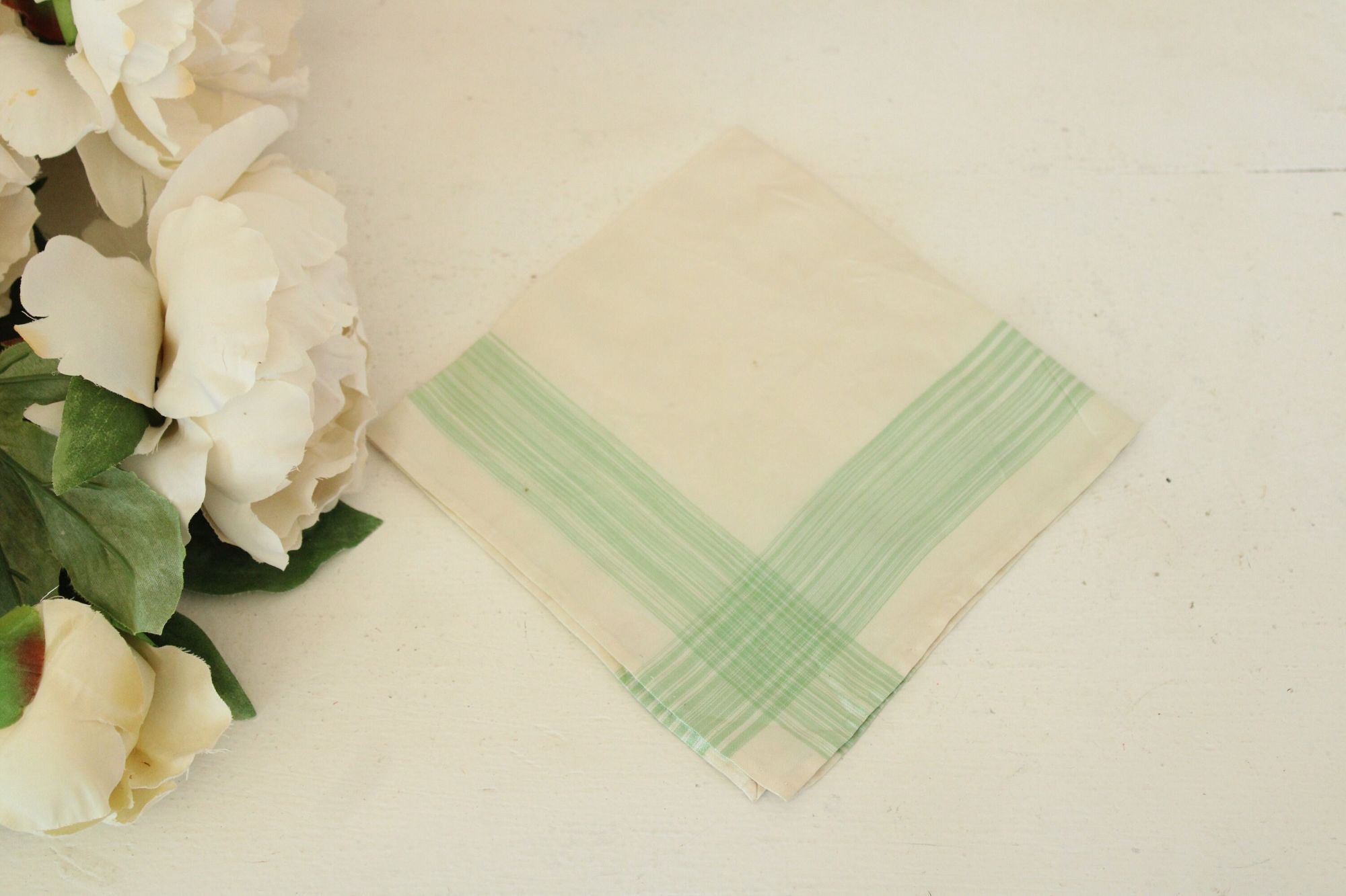 Vintage Vintage 1950s Handkerchief, Cream with Green Striped Border Size ONE SIZE - 2 Thumbnail